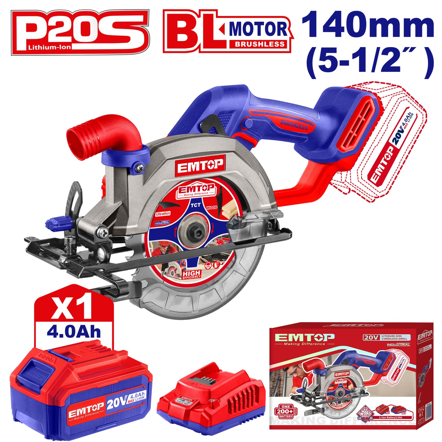 Scie circulaire sans fil EMTOP 20V Lithium-ion moteur brushless avec 1 batterie 4,0 Ah et 1 chargeur 6300RPM 140mm Profondeur de coupe 50mm (90º) 33mm (45º)