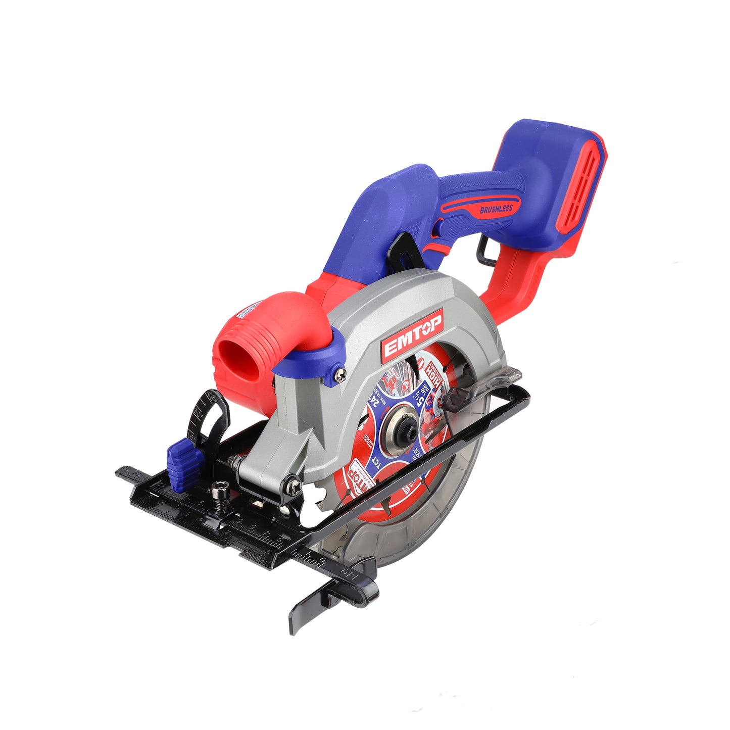 Scie circulaire sans fil EMTOP 20V Lithium-ion moteur brushless avec 1 batterie 4,0 Ah et 1 chargeur 6300RPM 140mm Profondeur de coupe 50mm (90º) 33mm (45º)