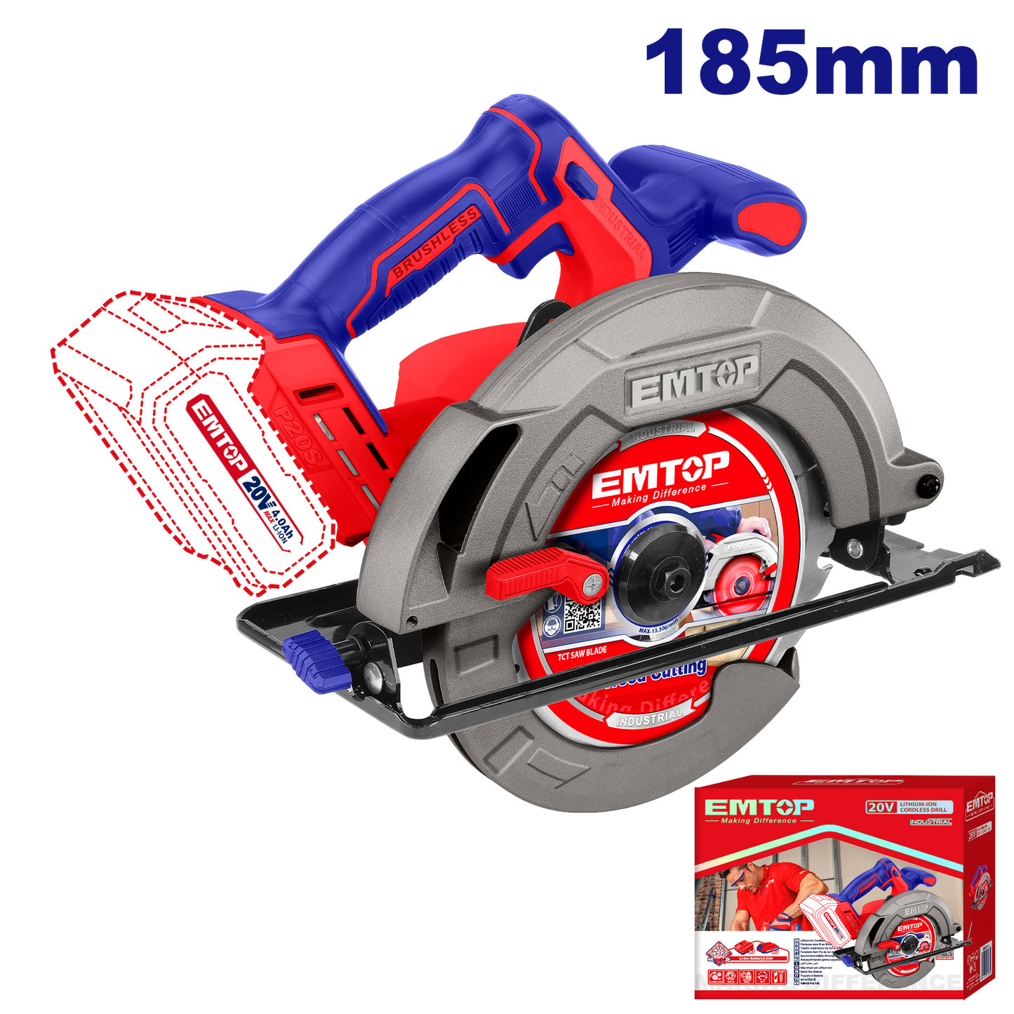 Scie circulaire sans fil EMTOP 20V Lithium-ion moteur brushless 4500RPM 185mm Profondeur de coupe 65mm (90º) 45mm (45º) Batterie et chargeur vendus séparément