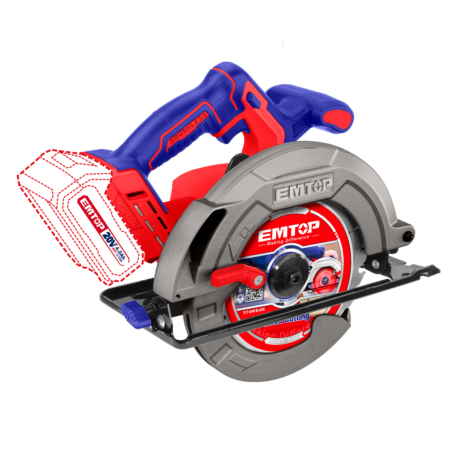 Scie circulaire sans fil EMTOP 20V Lithium-ion moteur brushless 4500RPM 185mm Profondeur de coupe 65mm (90º) 45mm (45º) Batterie et chargeur vendus séparément