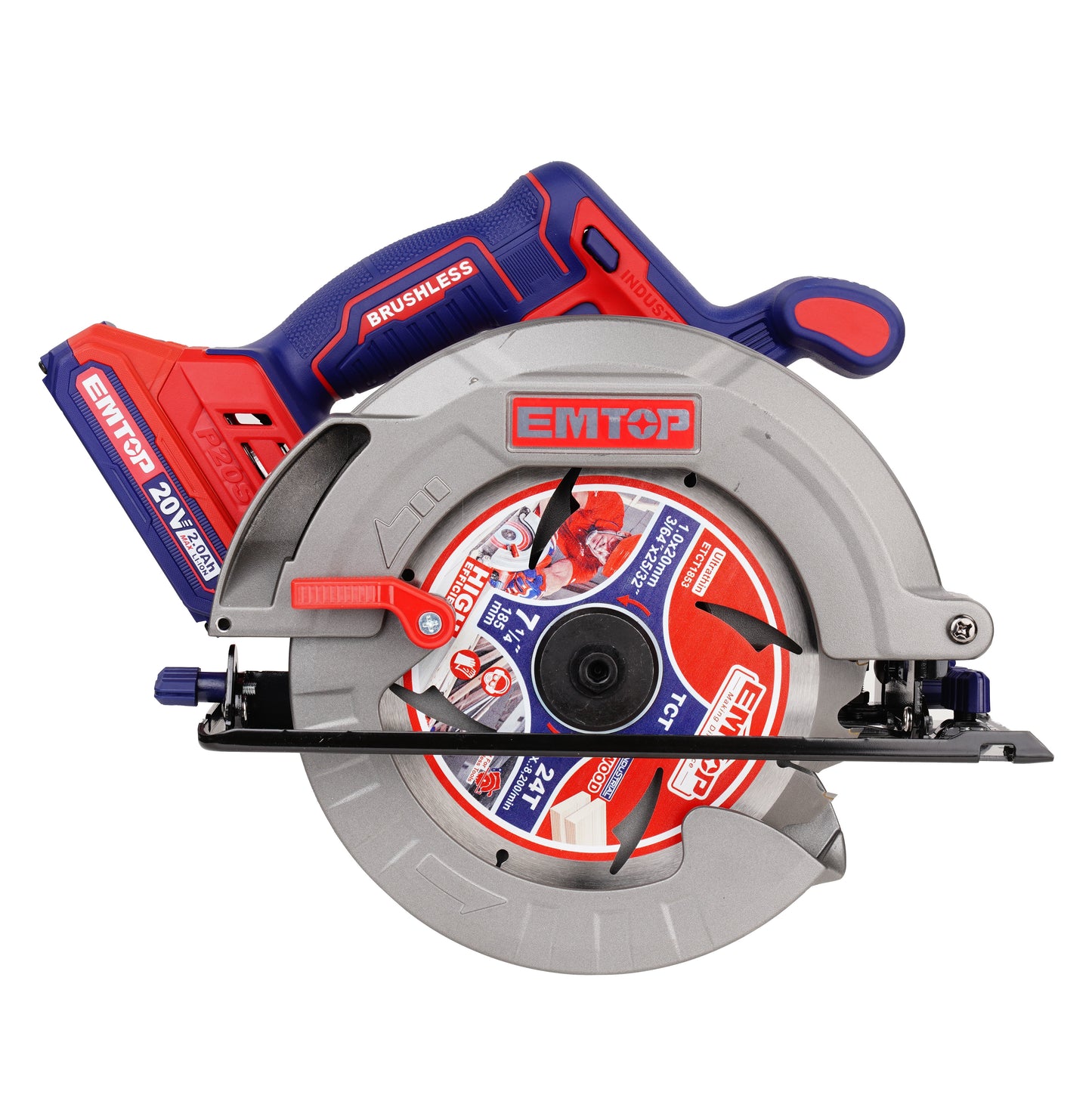 Scie circulaire sans fil EMTOP 20V Lithium-ion moteur brushless 4500RPM 185mm Profondeur de coupe 65mm (90º) 45mm (45º) Batterie et chargeur vendus séparément