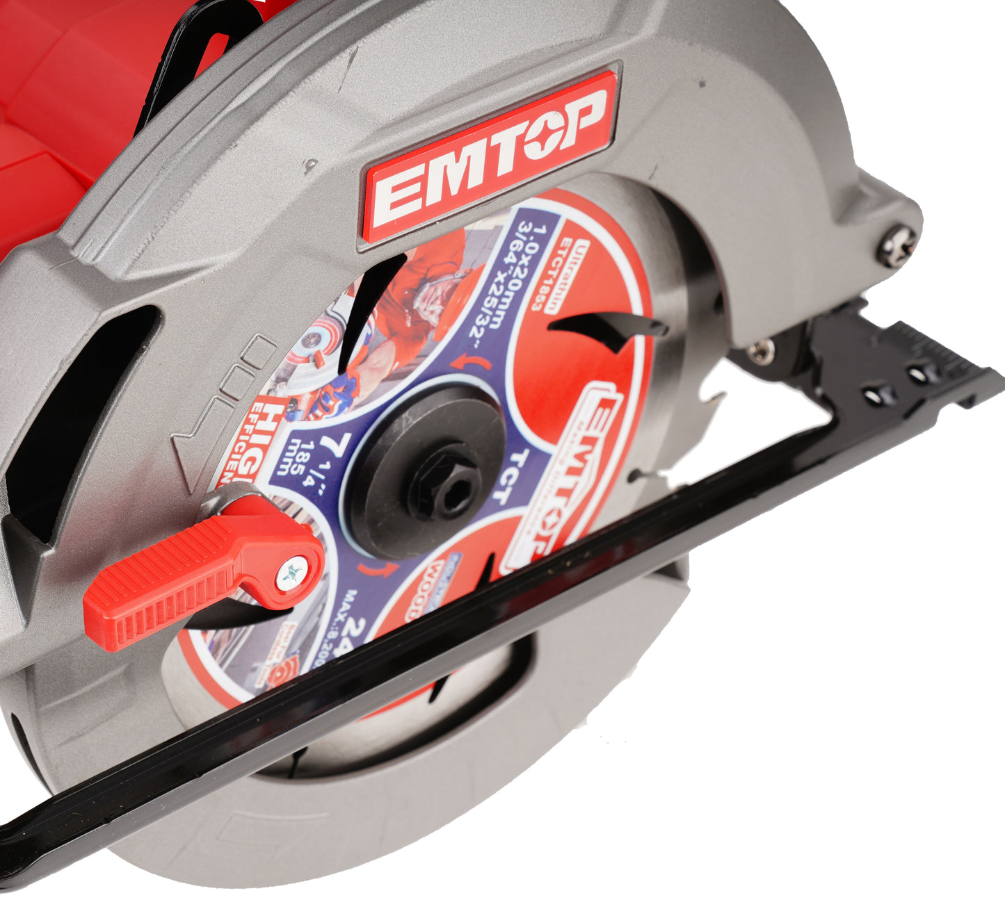 Scie circulaire sans fil EMTOP 20V Lithium-ion moteur brushless 4500RPM 185mm Profondeur de coupe 65mm (90º) 45mm (45º) Batterie et chargeur vendus séparément