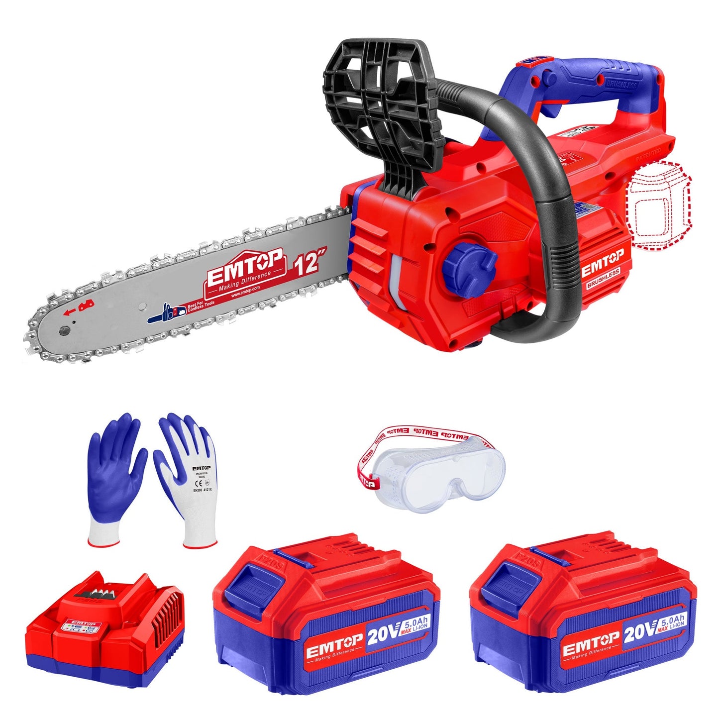 Tronçonneuse à batterie Scie à chaine sans fil EMTOP 20V brushless avec 1 chargeur 4A + 2 batteries lithium-ion 5.0Ah + Gant picots PVC Lunettes de sécurité Longueur de Coupe 30 cm