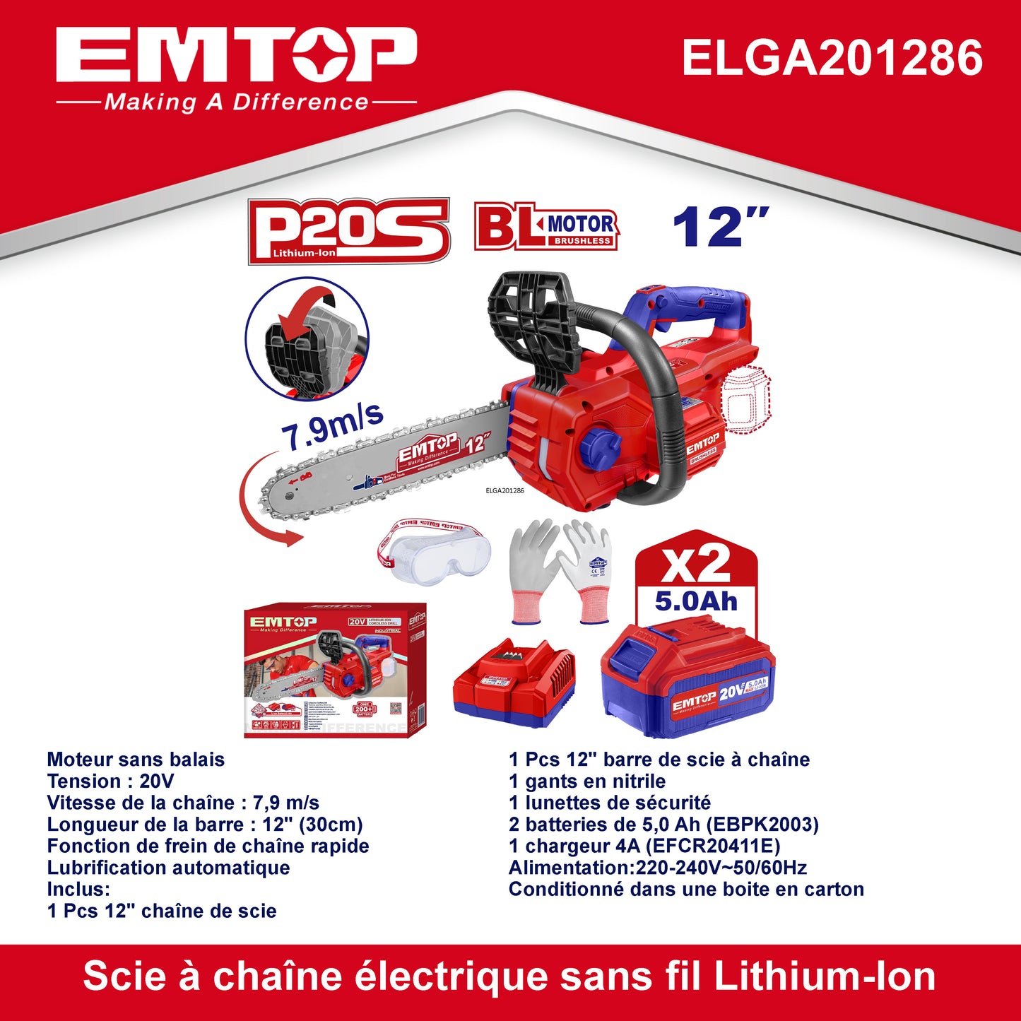 Tronçonneuse à batterie Scie à chaine sans fil EMTOP 20V brushless avec 1 chargeur 4A + 2 batteries lithium-ion 5.0Ah + Gant picots PVC Lunettes de sécurité Longueur de Coupe 30 cm