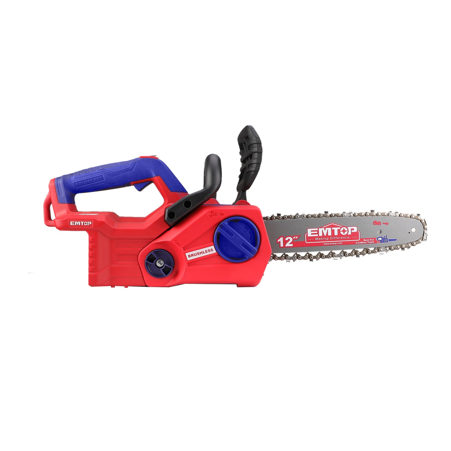 Tronçonneuse à batterie Scie à chaine sans fil EMTOP 20V brushless avec 1 chargeur 4A + 2 batteries lithium-ion 5.0Ah + Gant picots PVC Lunettes de sécurité Longueur de Coupe 30 cm