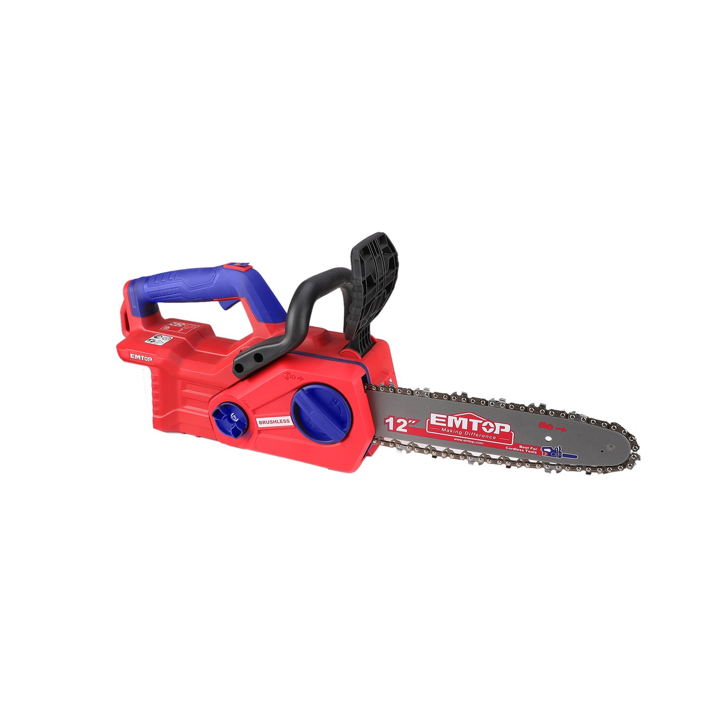 Tronçonneuse à batterie Scie à chaine sans fil EMTOP 20V brushless avec 1 chargeur 4A + 2 batteries lithium-ion 5.0Ah + Gant picots PVC Lunettes de sécurité Longueur de Coupe 30 cm