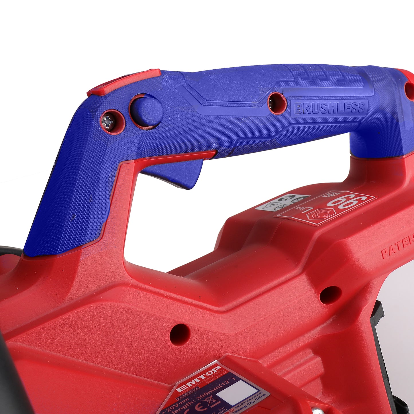 Tronçonneuse à batterie Scie à chaine sans fil EMTOP 20V brushless avec 1 chargeur 4A + 2 batteries lithium-ion 5.0Ah + Gant picots PVC Lunettes de sécurité Longueur de Coupe 30 cm