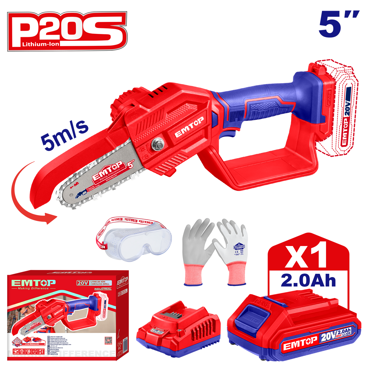 Elagueuse sur batterie mini tronçonneuse sans fil EMTOP 20V avec 1 chargeur + 1 batterie lithium-ion 2.0Ah + Gant picots PVC Lunettes de sécurité Longueur de Coupe 13 cm