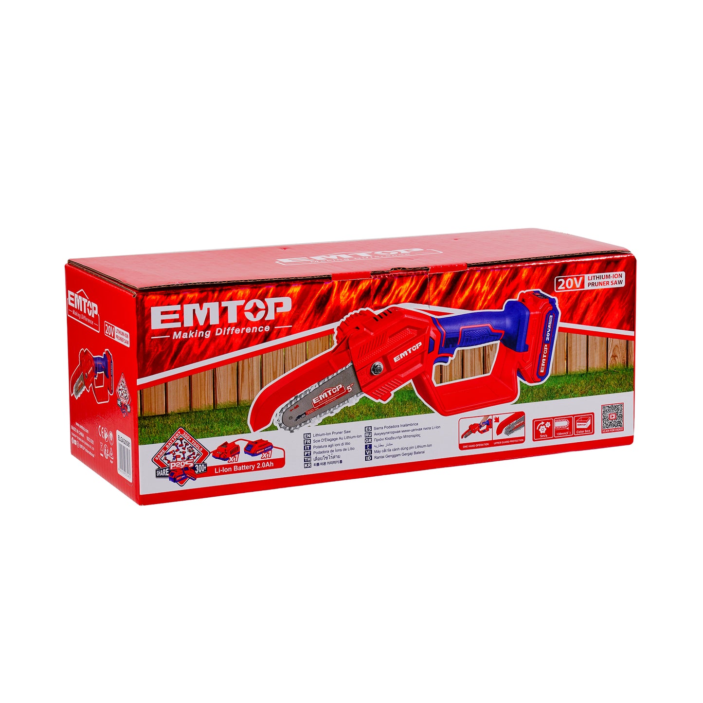 Elagueuse sur batterie mini tronçonneuse sans fil EMTOP 20V avec 1 chargeur + 1 batterie lithium-ion 2.0Ah + Gant picots PVC Lunettes de sécurité Longueur de Coupe 13 cm