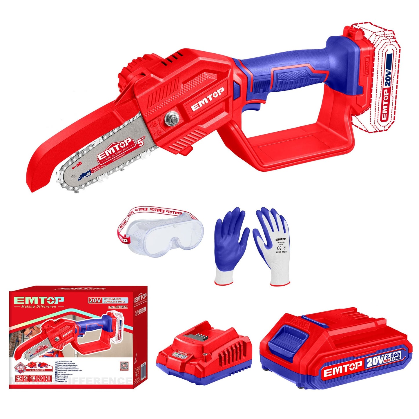 Elagueuse sur batterie mini tronçonneuse sans fil EMTOP 20V avec 1 chargeur + 1 batterie lithium-ion 2.0Ah + Gant picots PVC Lunettes de sécurité Longueur de Coupe 13 cm