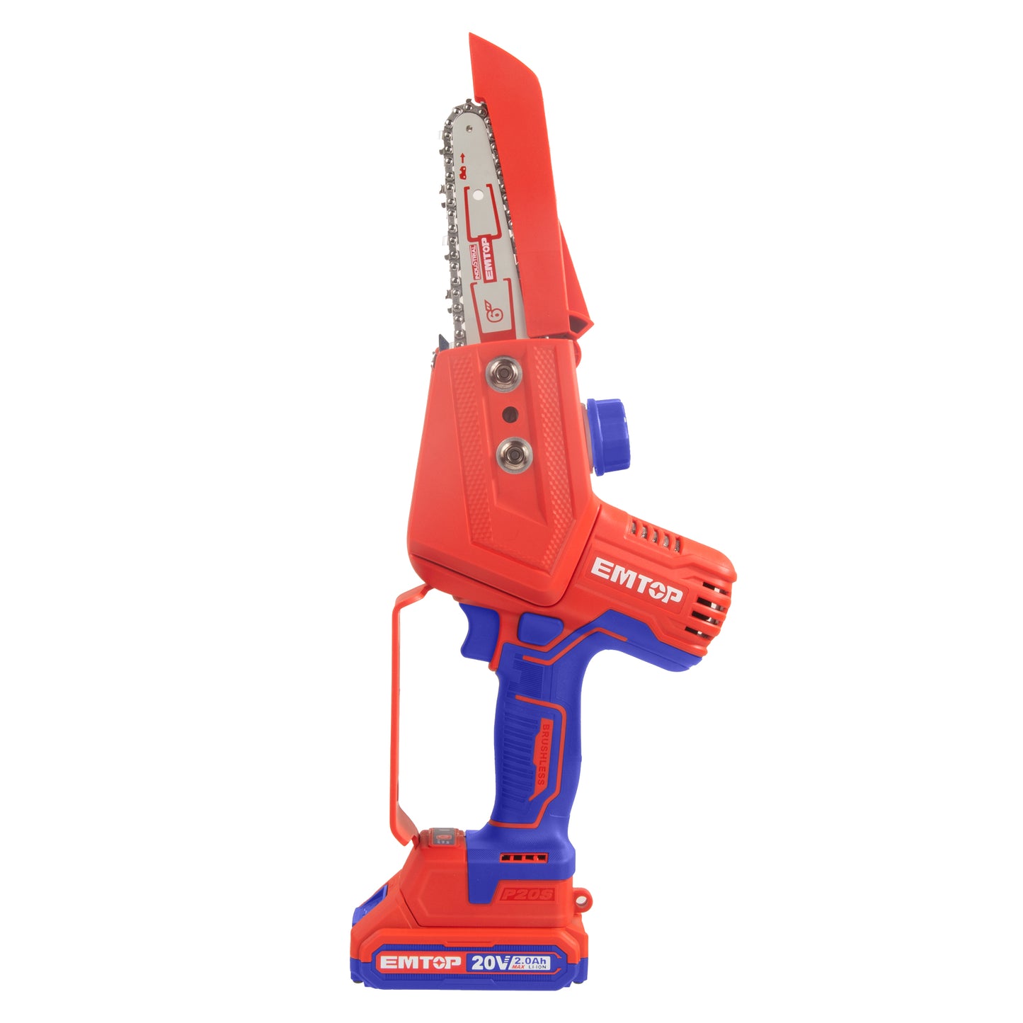 Elagueuse sur batterie Scie à chaine sans fil EMTOP 20V brushless avec 1 chargeur + 2 batteries lithium-ion 2.0Ah + Gant picots PVC Lunettes de sécurité Longueur de Coupe 15 cm