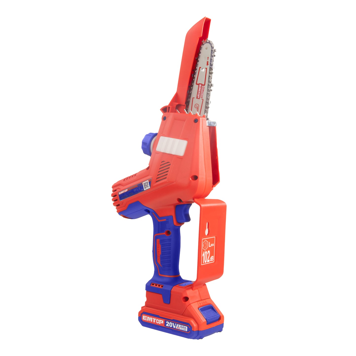 Elagueuse sur batterie Scie à chaine sans fil EMTOP 20V brushless avec 1 chargeur + 2 batteries lithium-ion 2.0Ah + Gant picots PVC Lunettes de sécurité Longueur de Coupe 15 cm