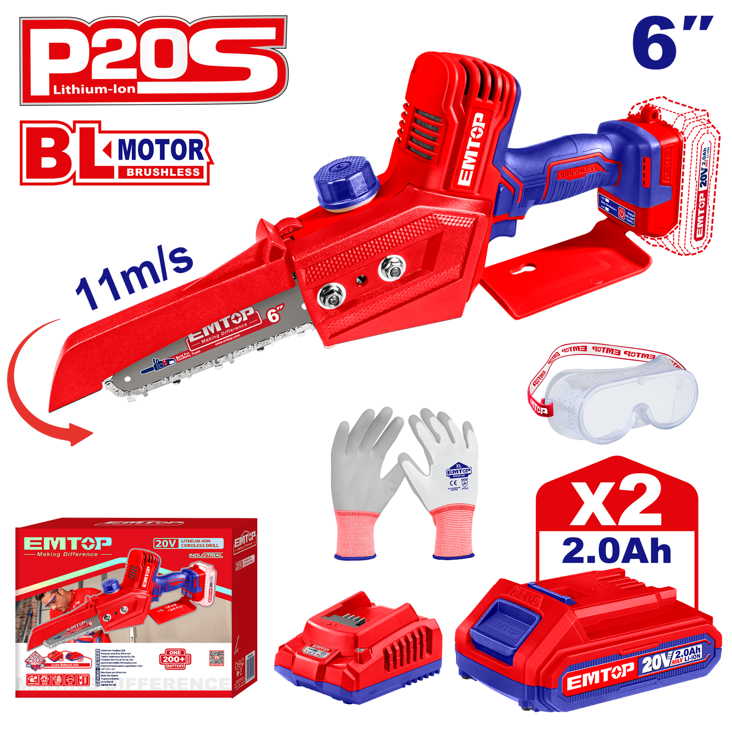 Elagueuse sur batterie Scie à chaine sans fil EMTOP 20V brushless avec 1 chargeur + 2 batteries lithium-ion 2.0Ah + Gant picots PVC Lunettes de sécurité Longueur de Coupe 15 cm