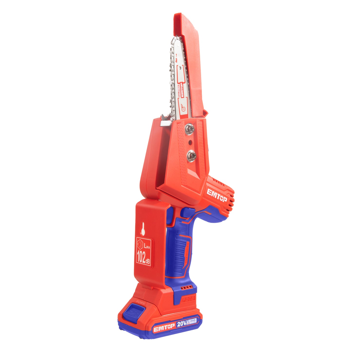 Elagueuse sur batterie Scie à chaine sans fil EMTOP 20V brushless avec 1 chargeur + 2 batteries lithium-ion 2.0Ah + Gant picots PVC Lunettes de sécurité Longueur de Coupe 15 cm