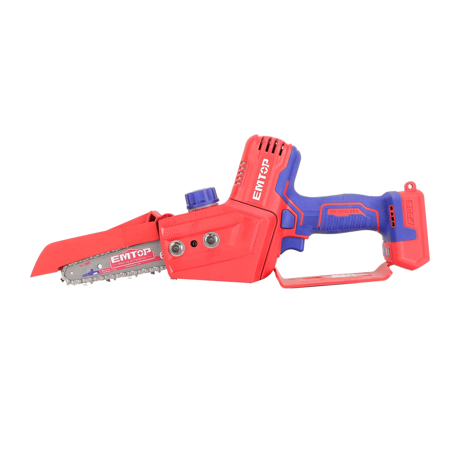Elagueuse sur batterie Scie à chaine sans fil EMTOP 20V brushless avec 1 chargeur + 2 batteries lithium-ion 2.0Ah + Gant picots PVC Lunettes de sécurité Longueur de Coupe 15 cm