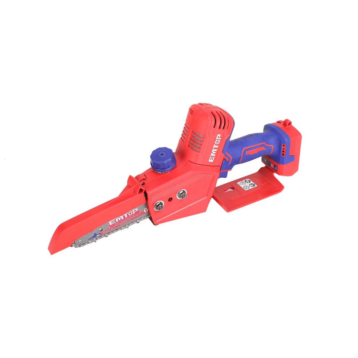 Elagueuse sur batterie Scie à chaine sans fil EMTOP 20V brushless avec 1 chargeur + 2 batteries lithium-ion 2.0Ah + Gant picots PVC Lunettes de sécurité Longueur de Coupe 15 cm