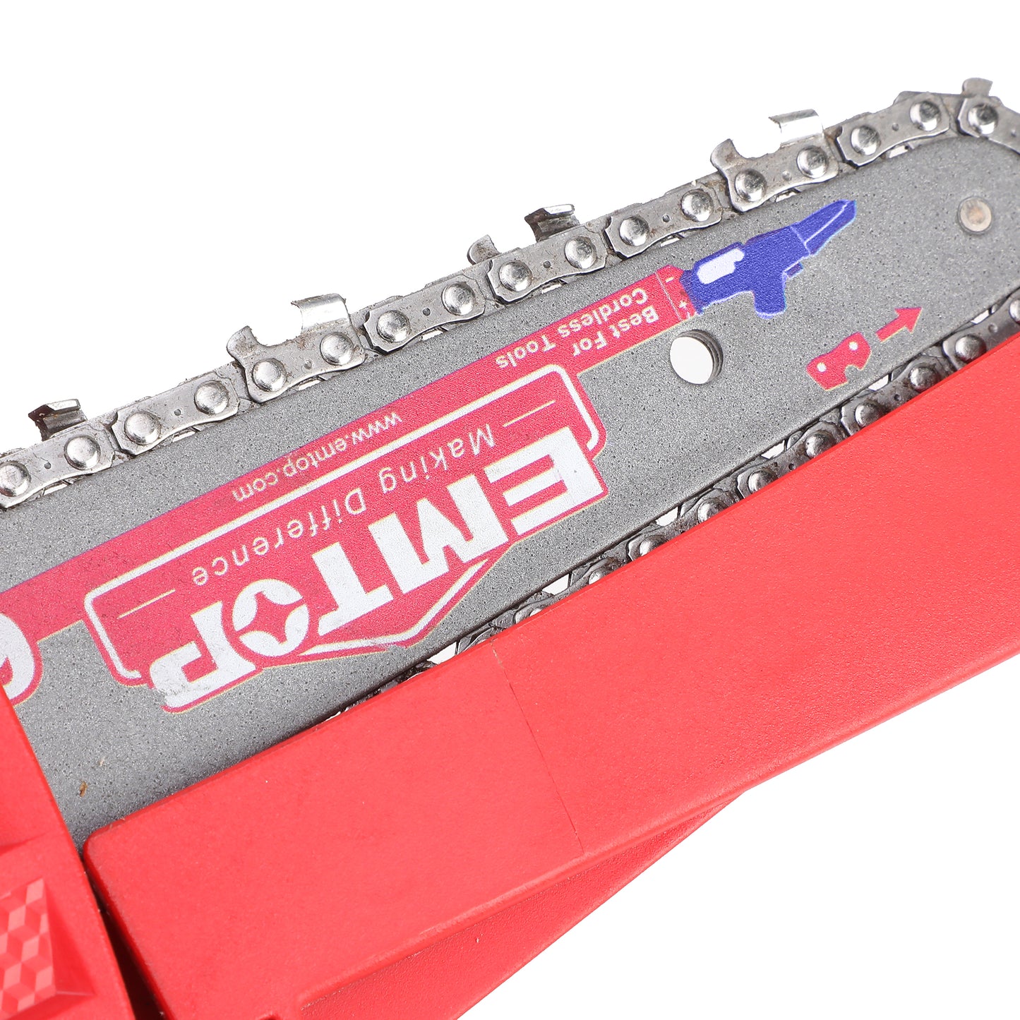 Elagueuse sur batterie Scie à chaine sans fil EMTOP 20V brushless avec 1 chargeur + 2 batteries lithium-ion 2.0Ah + Gant picots PVC Lunettes de sécurité Longueur de Coupe 15 cm