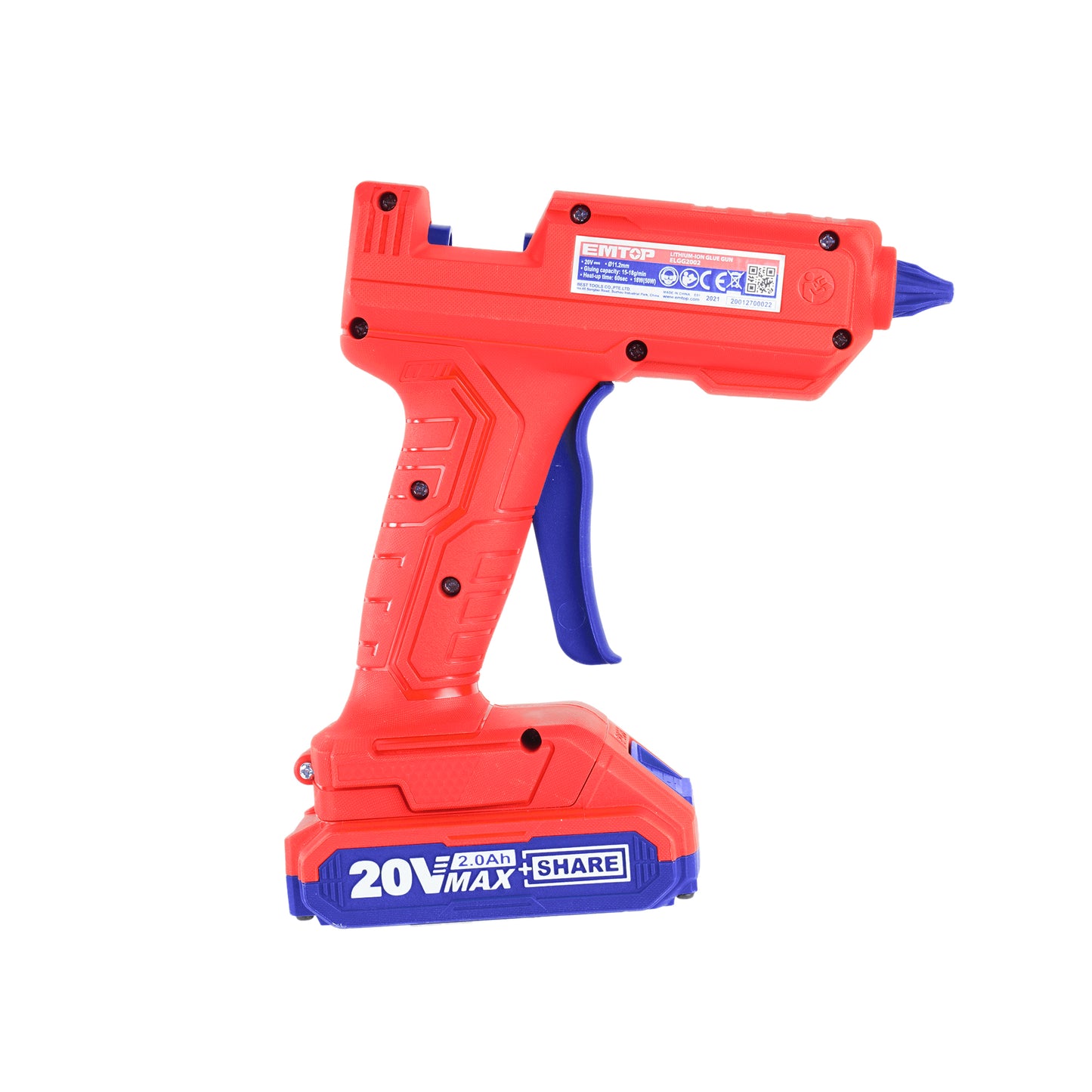 Pistolet à colle sans fil EMTOP 20V batterie et chargeur vendus séparément + 3 bâtons de colle 15 cm