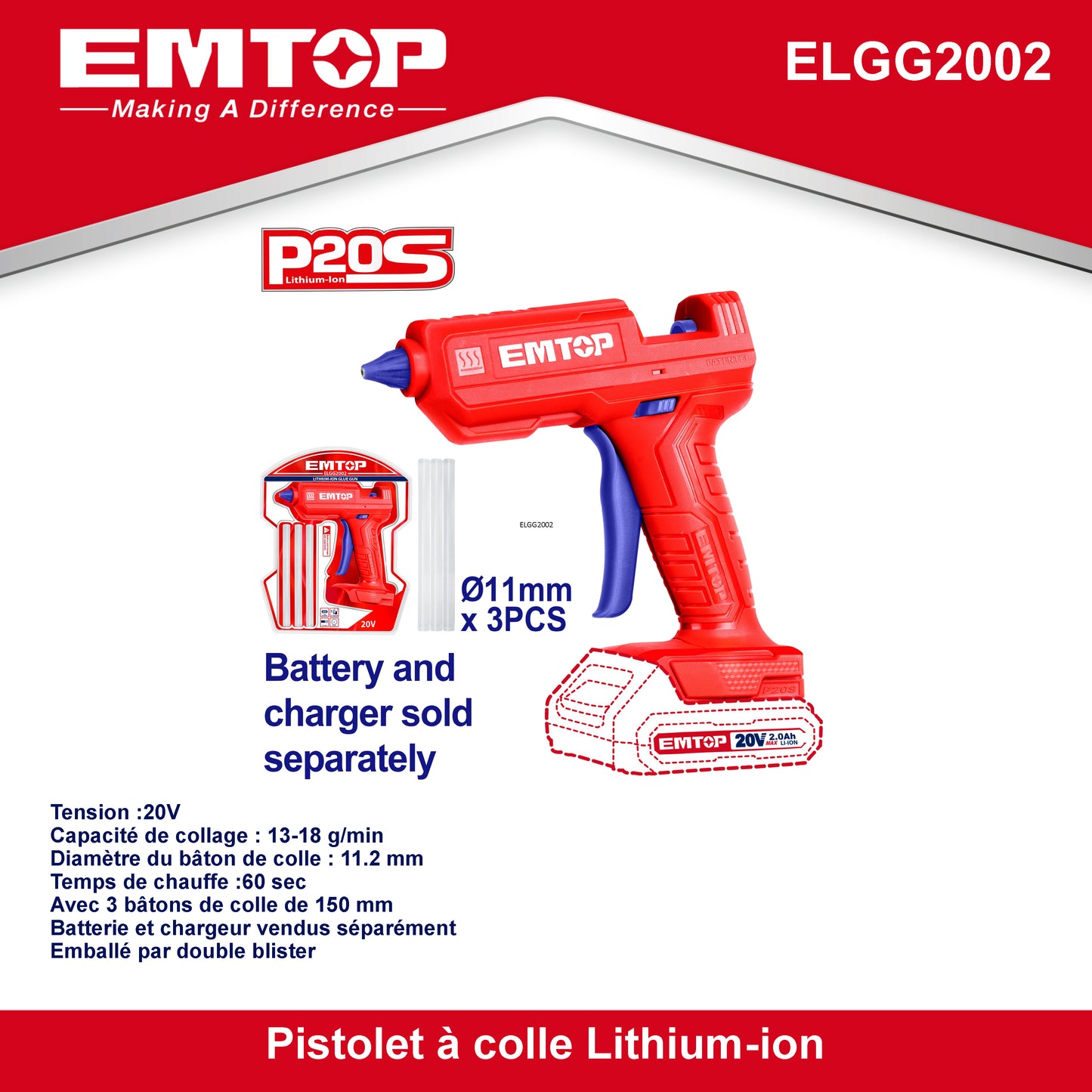 Pistolet à colle sans fil EMTOP 20V batterie et chargeur vendus séparément + 3 bâtons de colle 15 cm