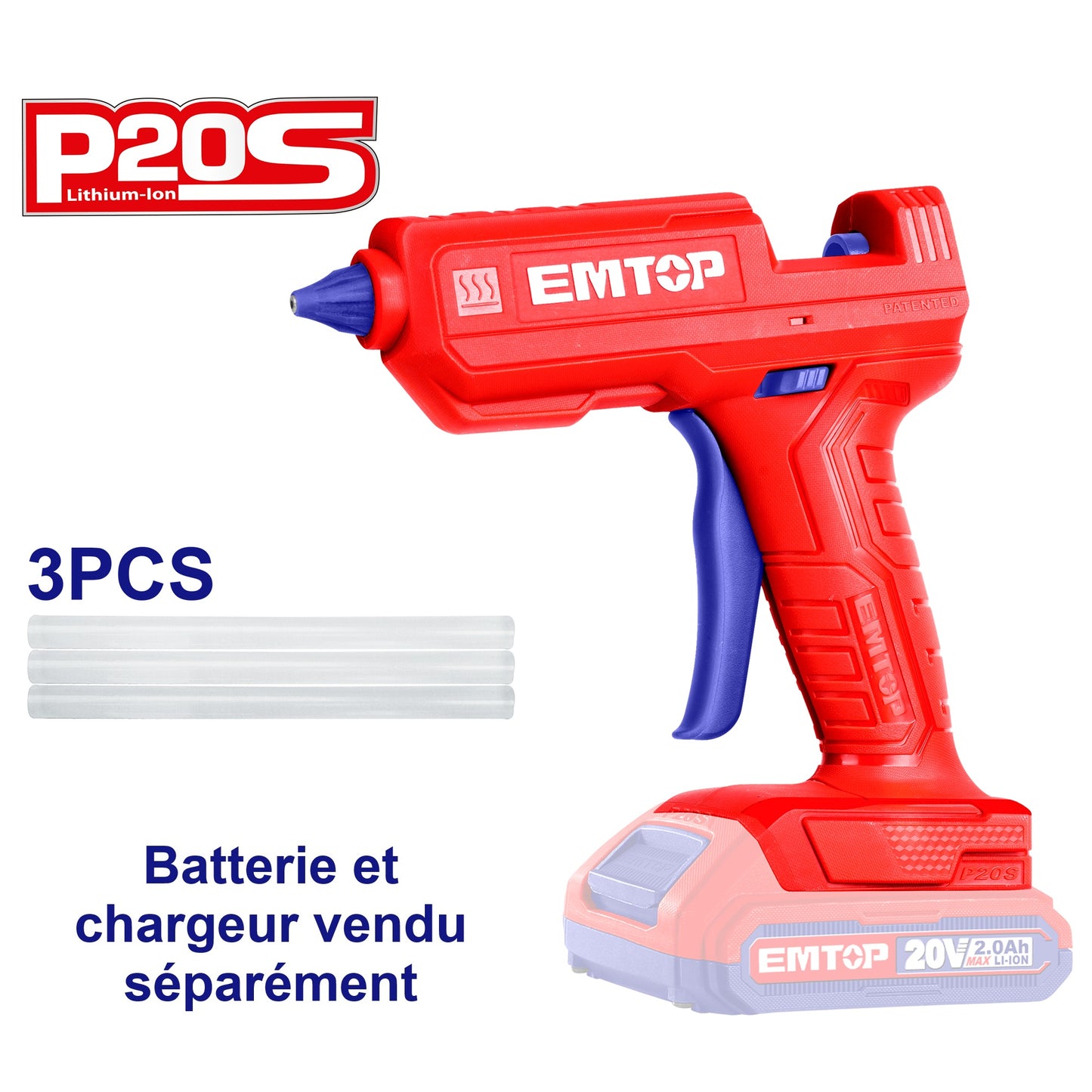 Pistolet à colle sans fil EMTOP 20V batterie et chargeur vendus séparément + 3 bâtons de colle 15 cm