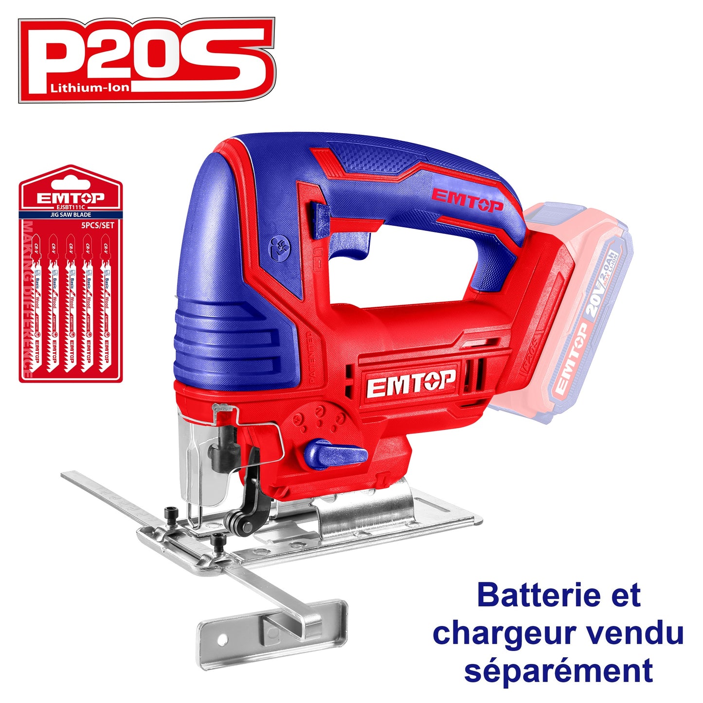 Scie sauteuse sans fil EMTOP 20V batterie et chargeur vendus séparément, Avec 5 lames