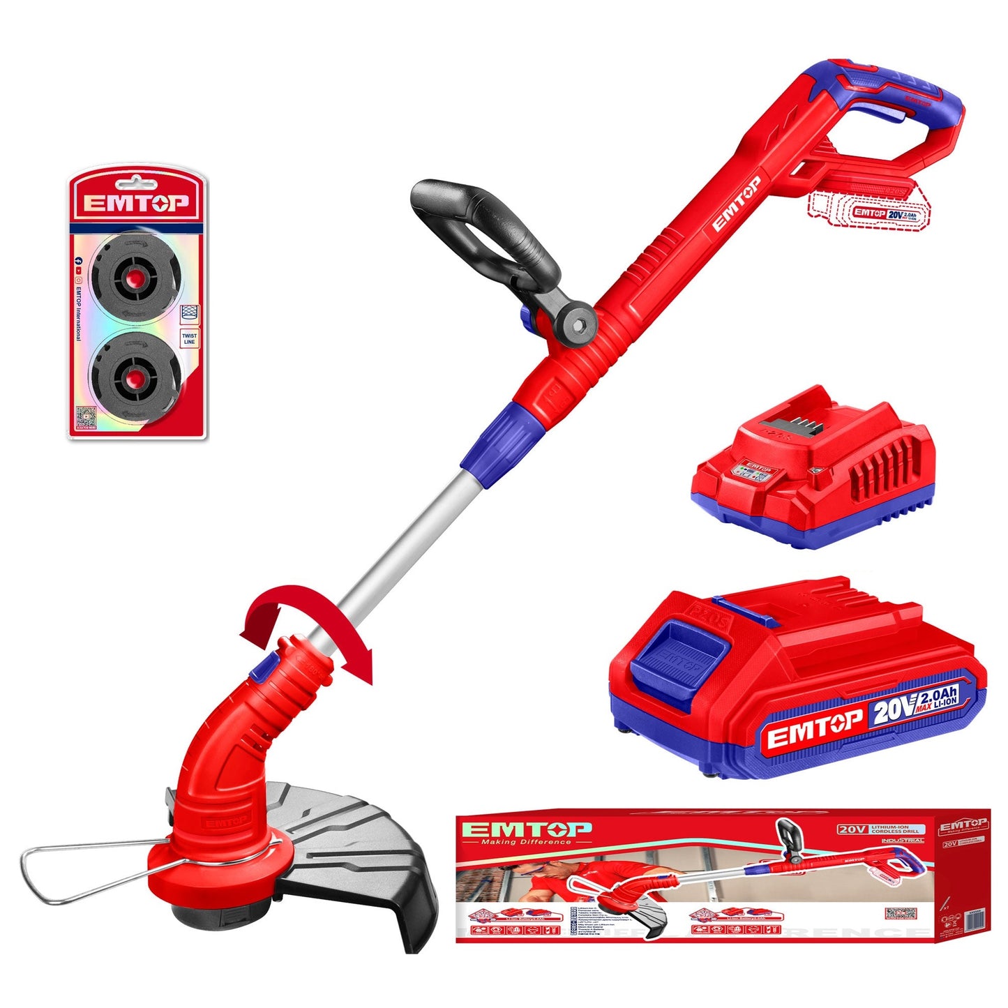 Coupe bordure sans fil EMTOP 20V avec 1 chargeur + 1 Batterie Lithium-ion 2.0Ah + 2 bobines de ligne Longueur de ligne 5 m avec tube télescopique poignée de réglable