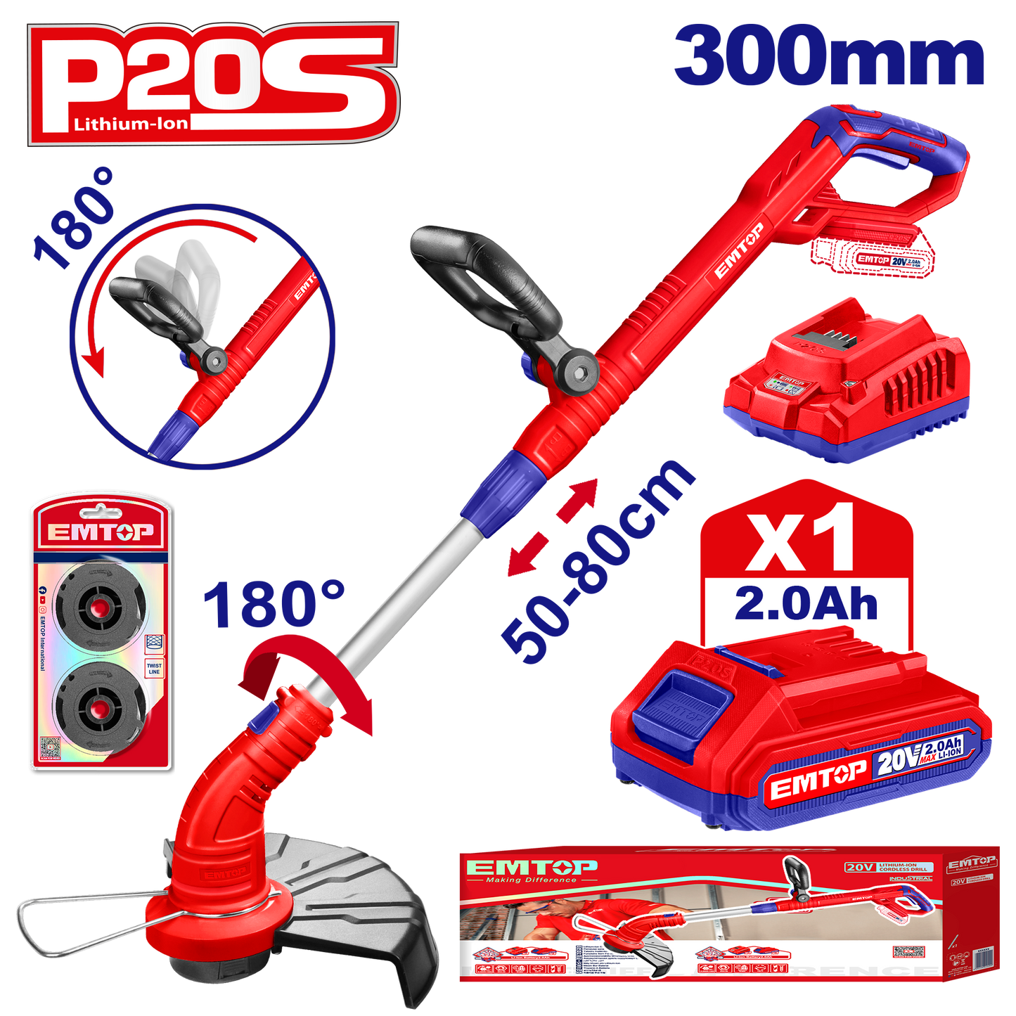 Coupe bordure sans fil EMTOP 20V avec 1 chargeur + 1 Batterie Lithium-ion 2.0Ah + 2 bobines de ligne Longueur de ligne 5 m avec tube télescopique poignée de réglable