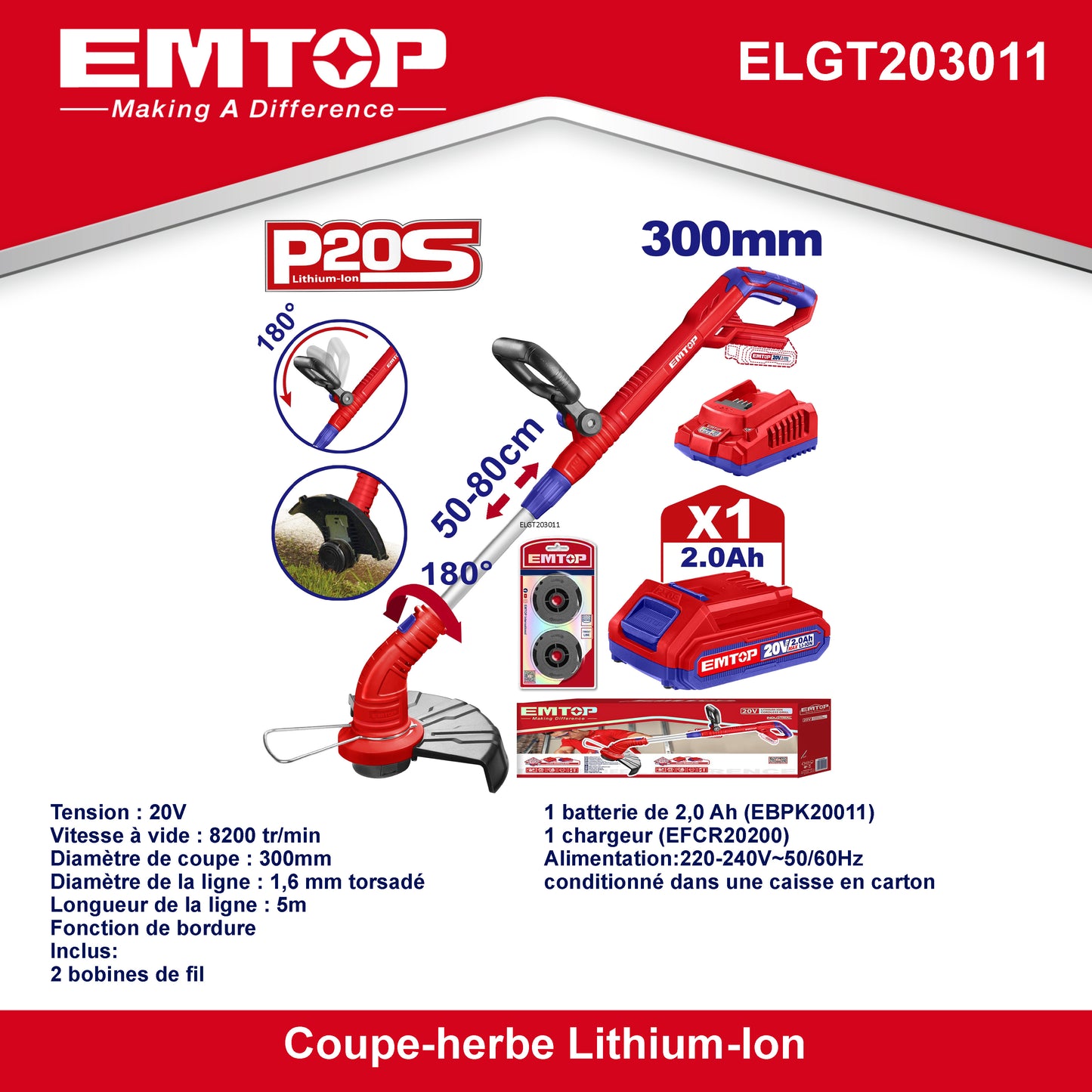 Coupe bordure sans fil EMTOP 20V avec 1 chargeur + 1 Batterie Lithium-ion 2.0Ah + 2 bobines de ligne Longueur de ligne 5 m avec tube télescopique poignée de réglable