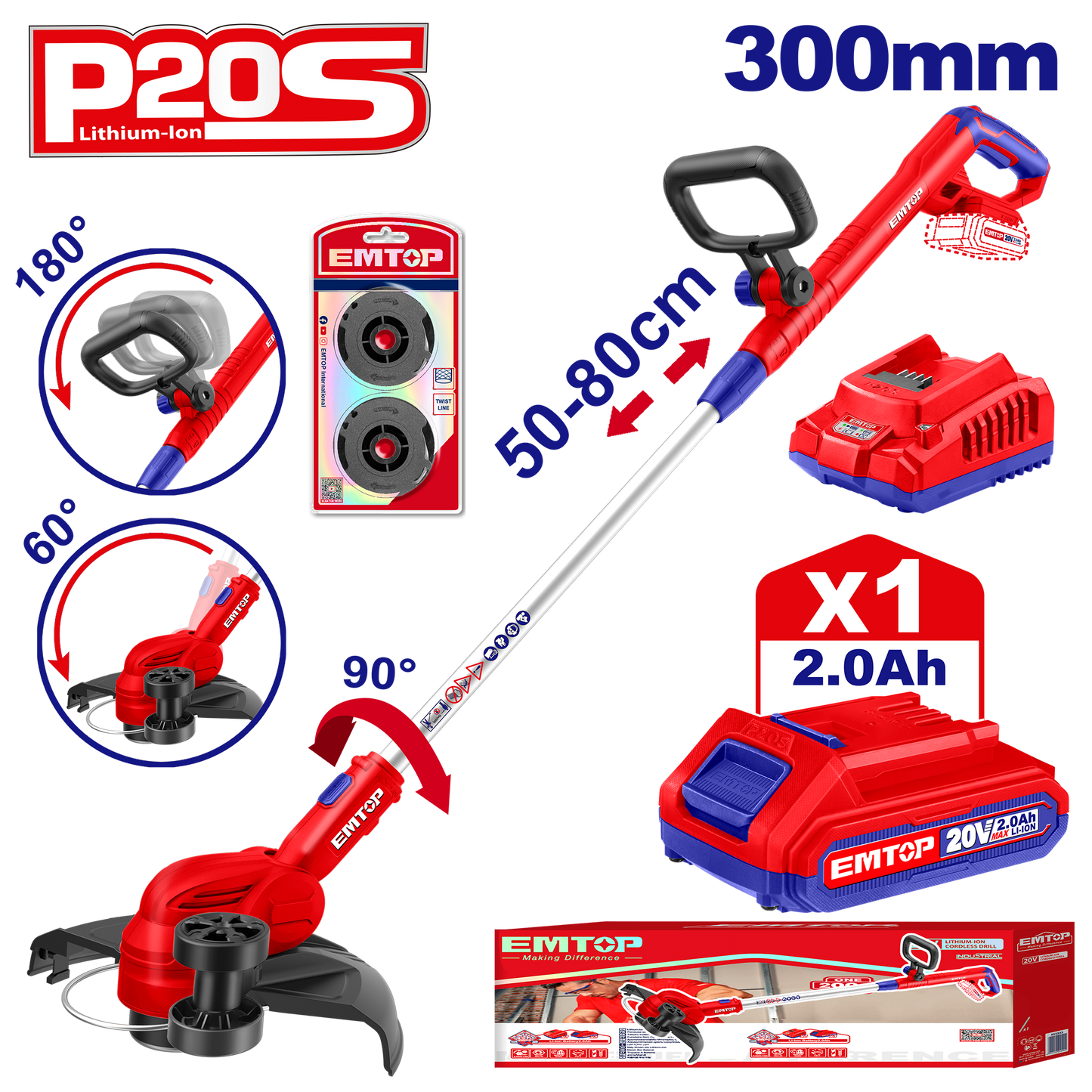 Coupe-bordures sans fil EMTOP 20V avec 1 chargeur + 1 Batterie Lithium-ion 2.0Ah + 2 bobines de ligne Longueur de ligne 5 m avec tube télescopique tête pivotante 60° poignée de réglable