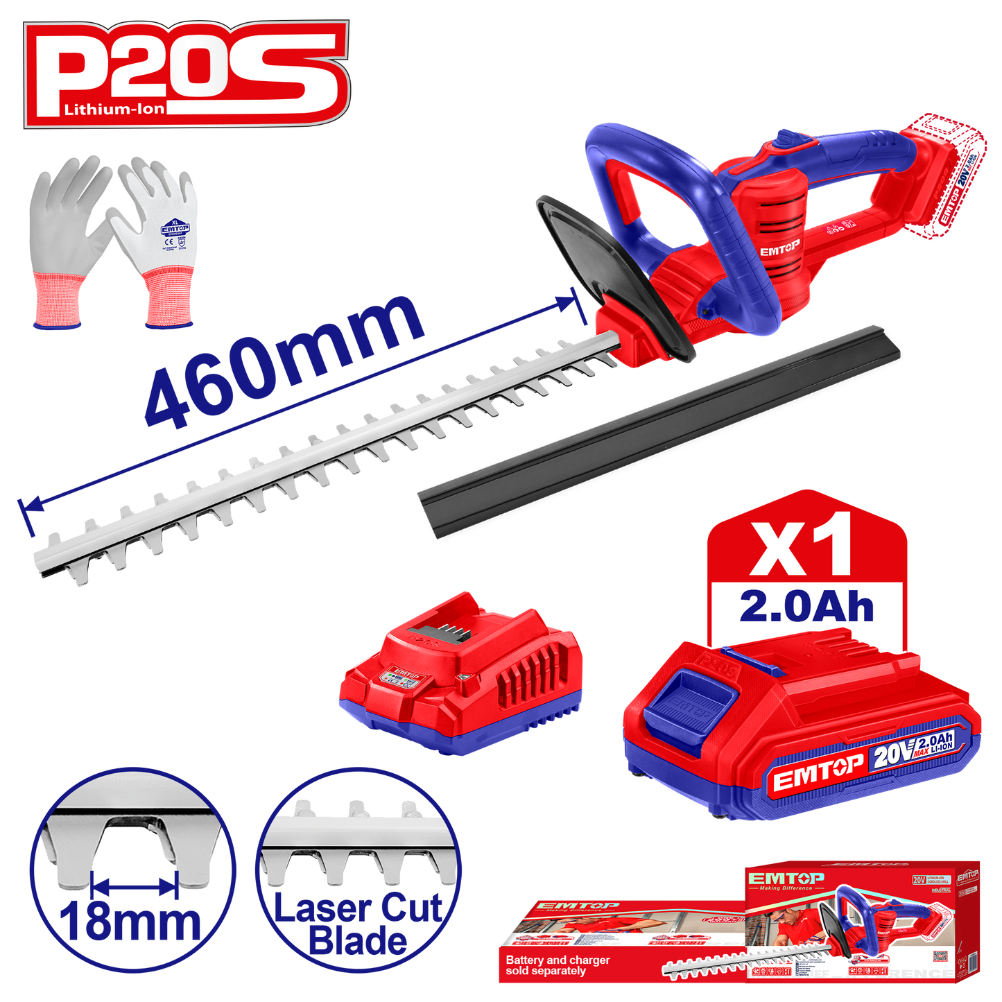 Taille-Haie à batterie EMTOP 20V avec 1 chargeur + 1 batterie lithium-ion 2.0Ah + Gant picots PVC Longueur de Lame 460 mm Diamètre de Coupe 16 mm