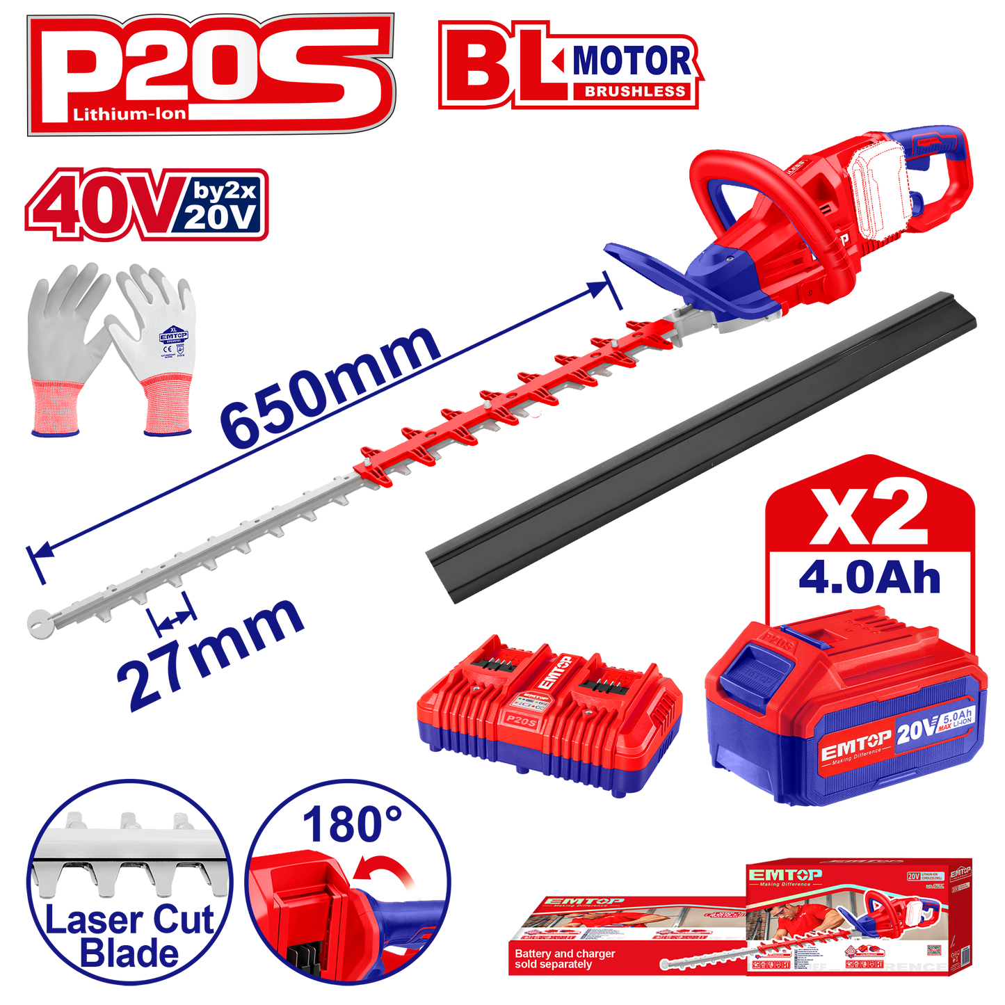 Taille-haies à batterie EMTOP 40V brushless avec 1 chargeur double port + 2 batteries lithium-ion 4.0Ah Gant picots PVC Lame 65 cm