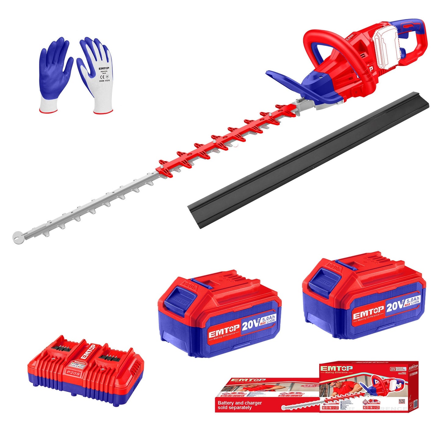 Taille-haies à batterie EMTOP 40V brushless avec 1 chargeur double port + 2 batteries lithium-ion 4.0Ah Gant picots PVC Lame 65 cm