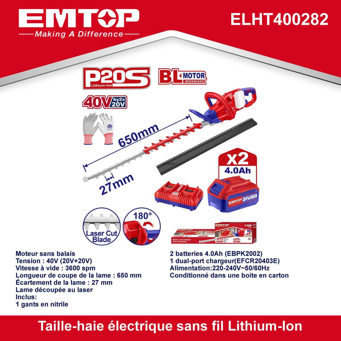 Taille-haies à batterie EMTOP 40V brushless avec 1 chargeur double port + 2 batteries lithium-ion 4.0Ah Gant picots PVC Lame 65 cm