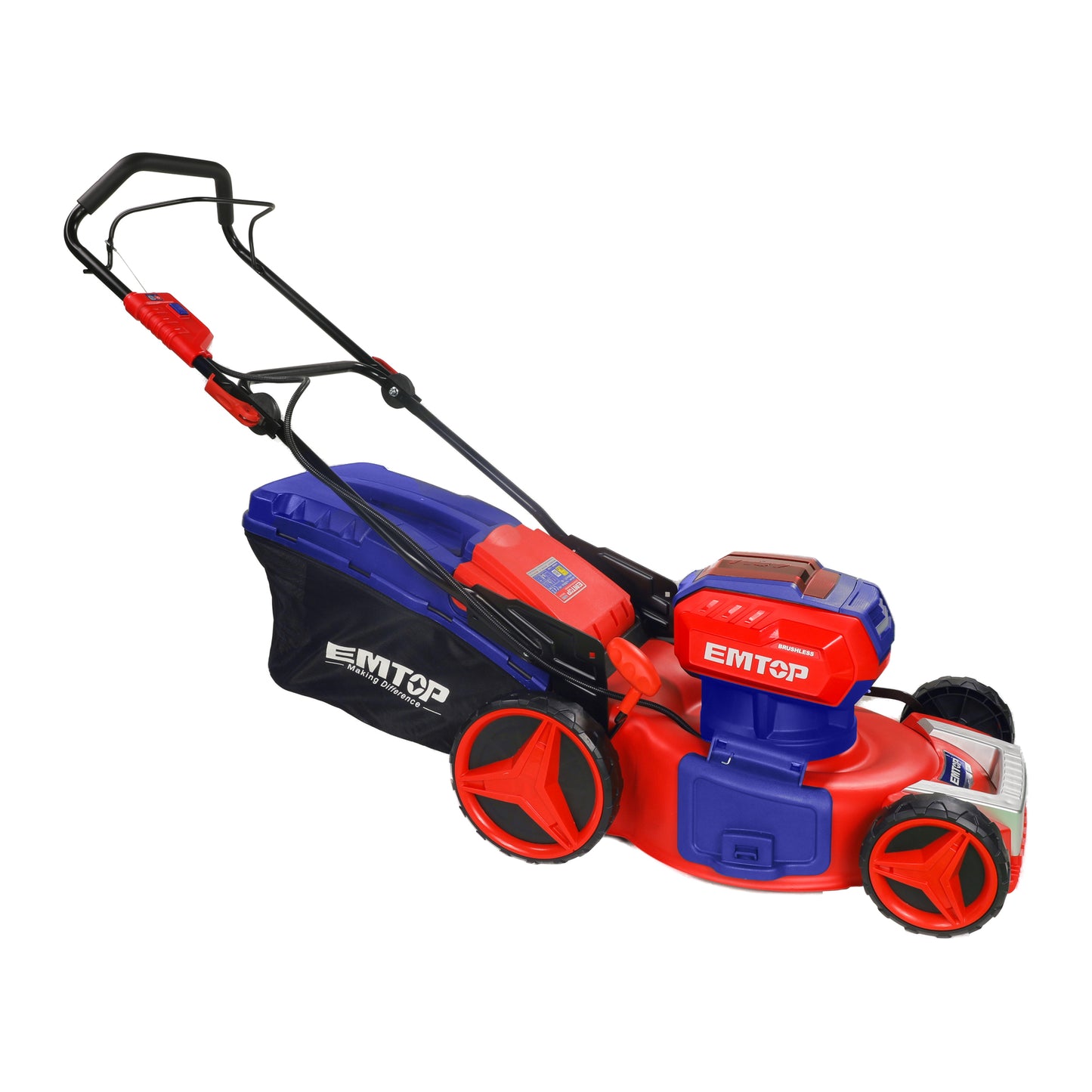 Tondeuse à gazon sur batterie EMTOP 40V brushless avec 1 chargeur double port + 2 batteries lithium-ion 5.0Ah, Sac 60L, Diamètre de coupe 46 cm