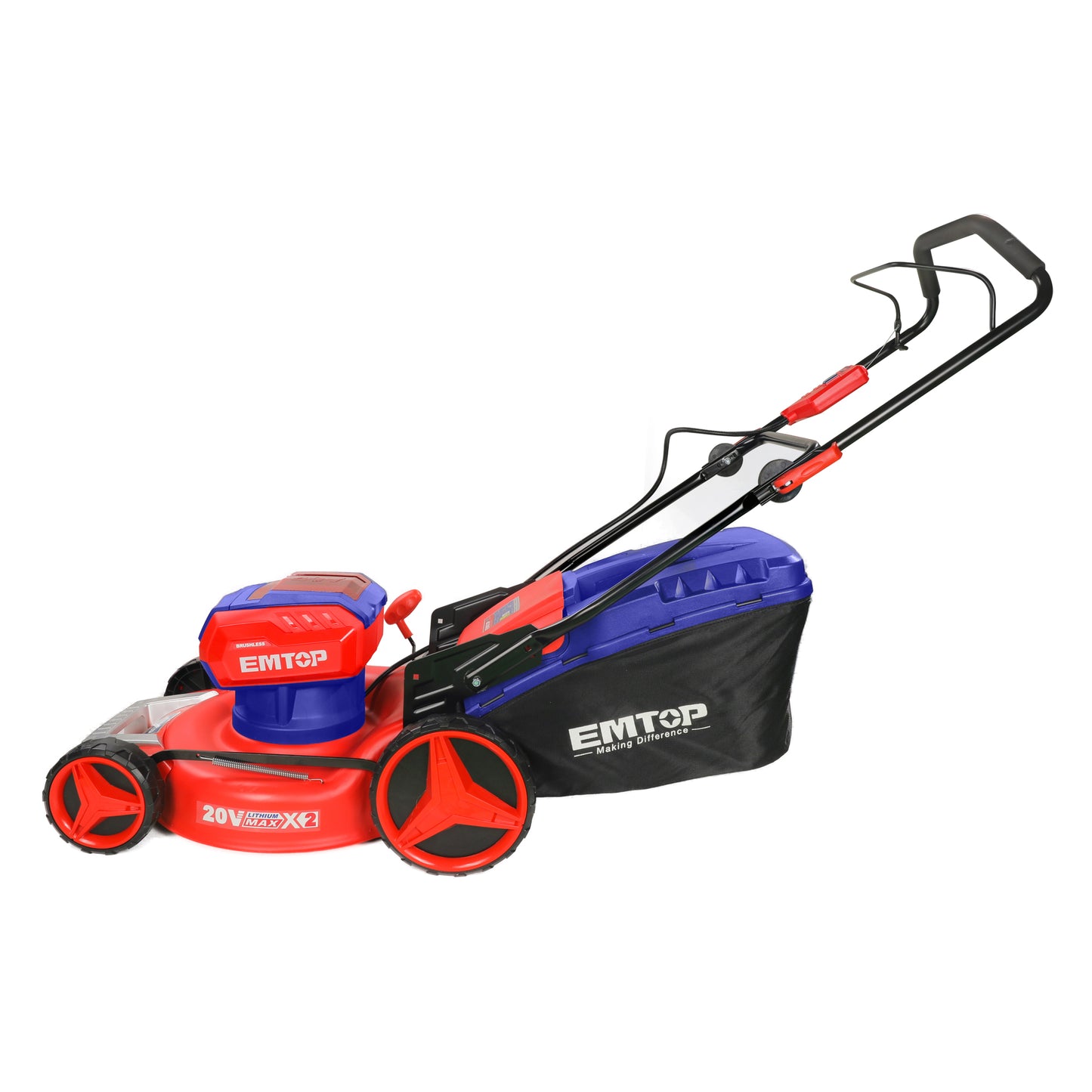 Tondeuse à gazon sur batterie EMTOP 40V brushless avec 1 chargeur double port + 2 batteries lithium-ion 5.0Ah, Sac 60L, Diamètre de coupe 46 cm
