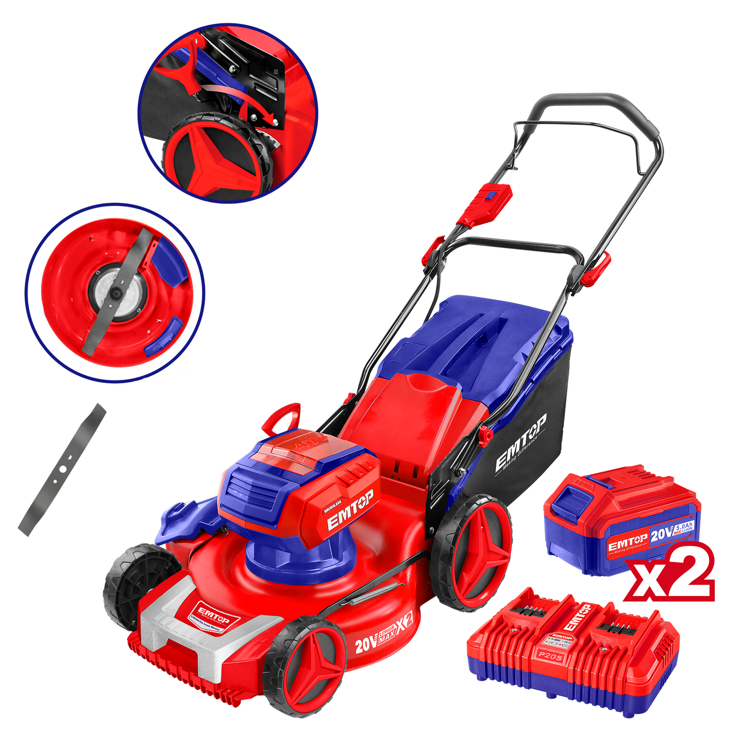 Tondeuse à gazon sur batterie EMTOP 40V brushless avec 1 chargeur double port + 2 batteries lithium-ion 5.0Ah, Sac 60L, Diamètre de coupe 46 cm