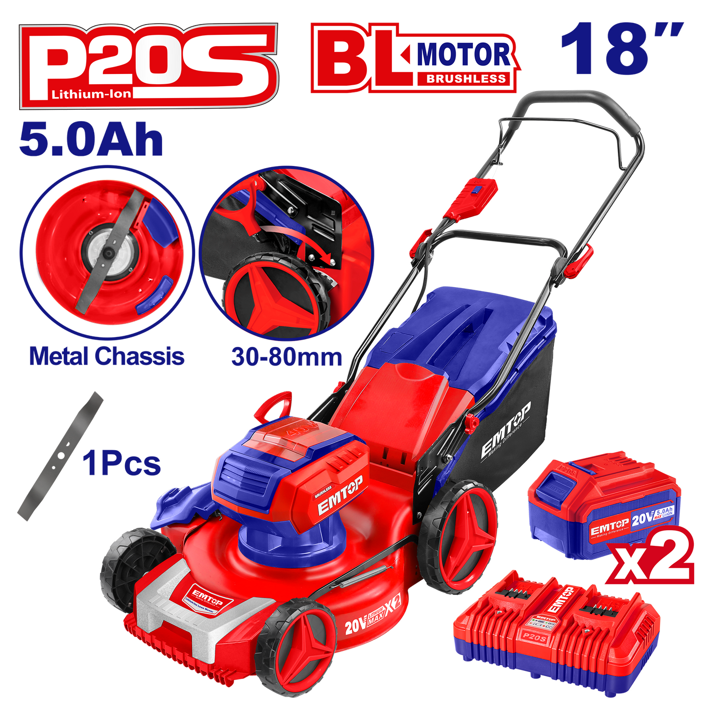Tondeuse à gazon sur batterie EMTOP 40V brushless avec 1 chargeur double port + 2 batteries lithium-ion 5.0Ah, Sac 60L, Diamètre de coupe 46 cm