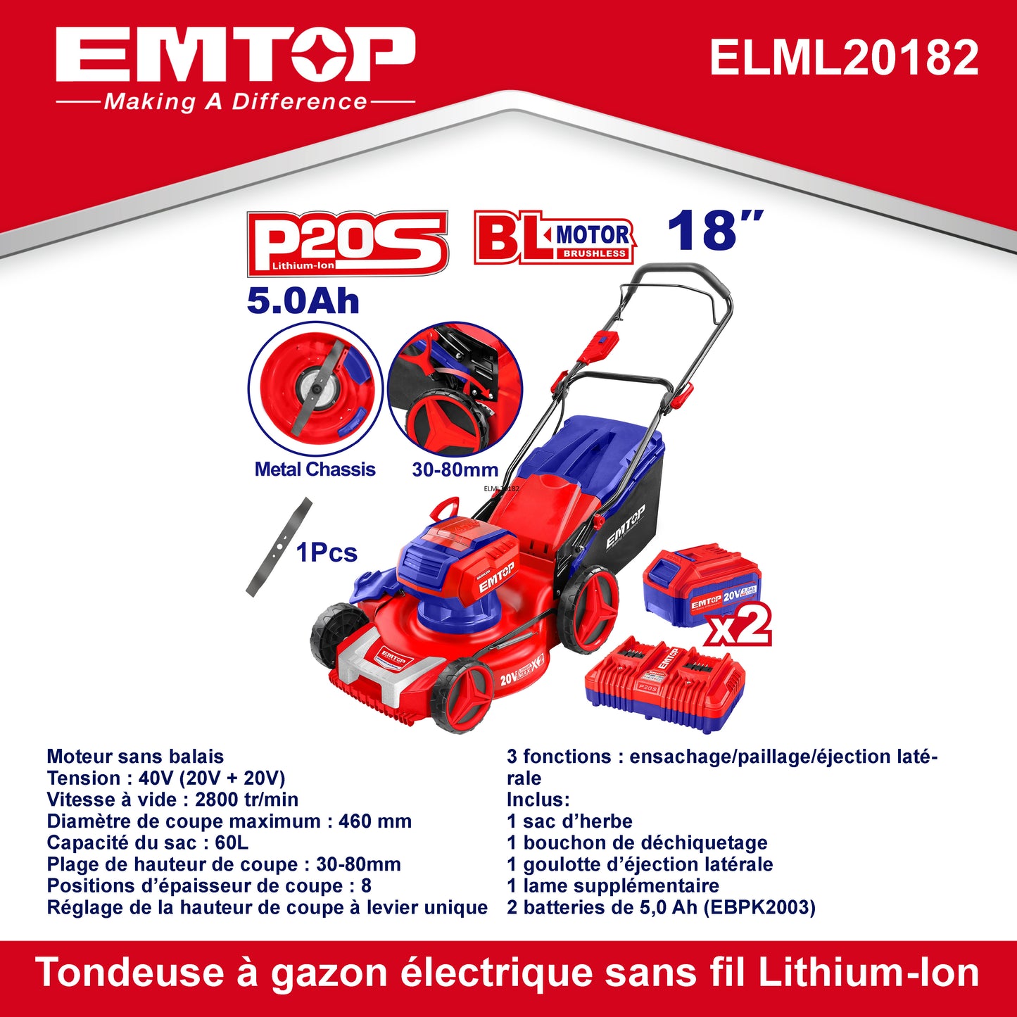 Tondeuse à gazon sur batterie EMTOP 40V brushless avec 1 chargeur double port + 2 batteries lithium-ion 5.0Ah, Sac 60L, Diamètre de coupe 46 cm