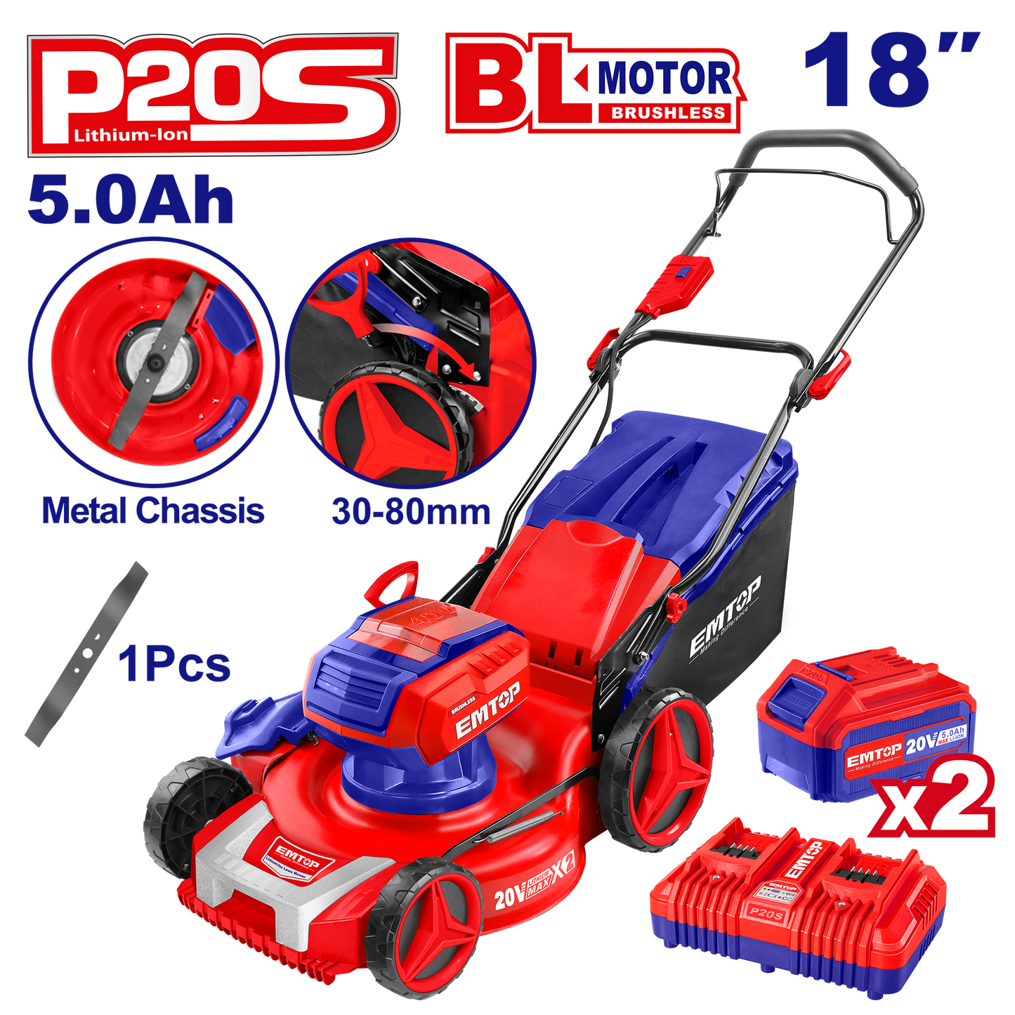 Tondeuse à gazon sur batterie EMTOP 40V brushless avec 1 chargeur double port + 2 batteries lithium-ion 5.0Ah, Sac 60L, Diamètre de coupe 46 cm