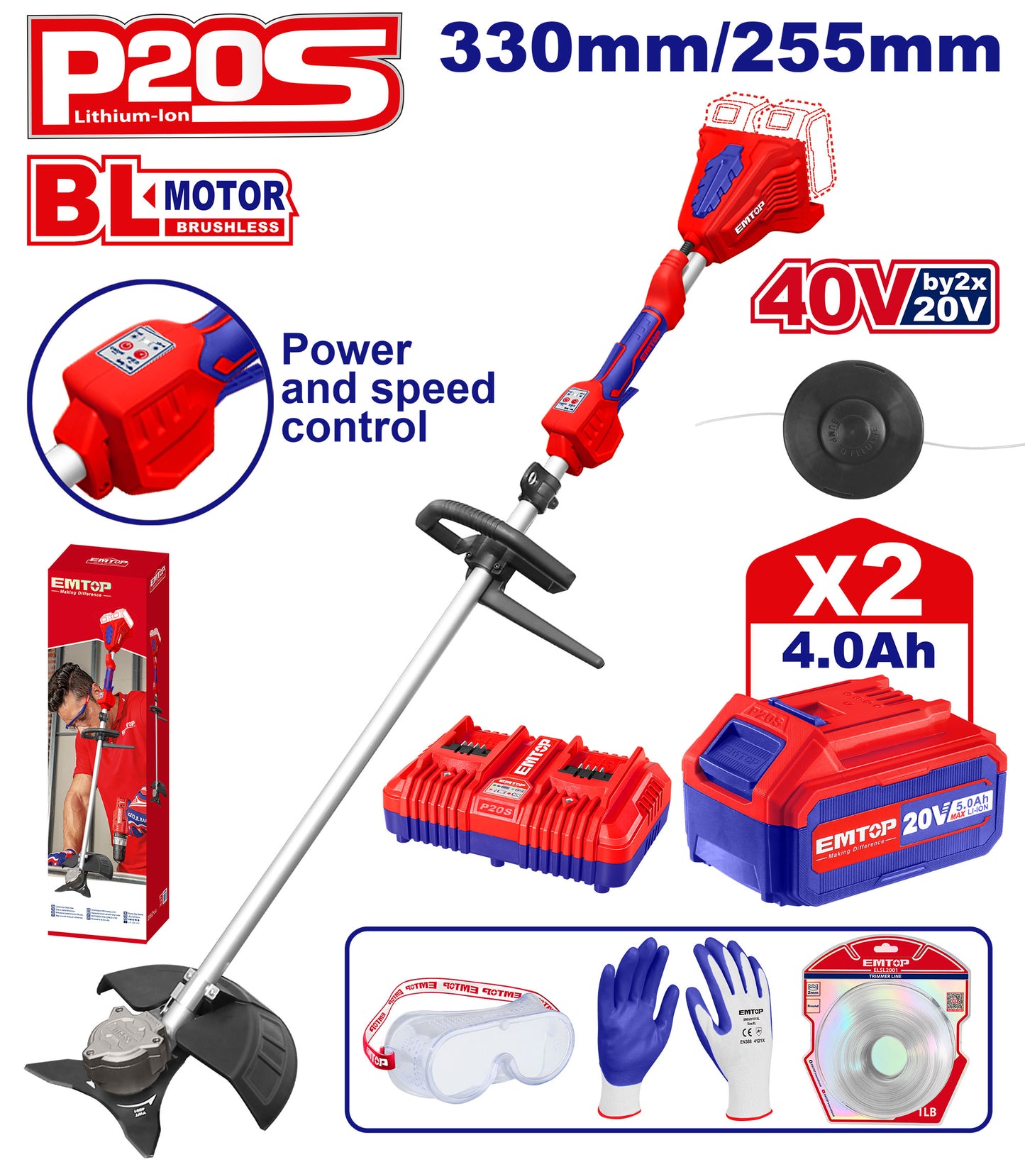Coupe-bordure et débroussailleuse à batterie EMTOP 40V brushless avec 1 chargeur double port + 2 batteries lithium-ion 4.0Ah Gant picots PVC Lunettes de sécurité 1 lame 3T 1 Ligne de Bobine 1 bandoulière
