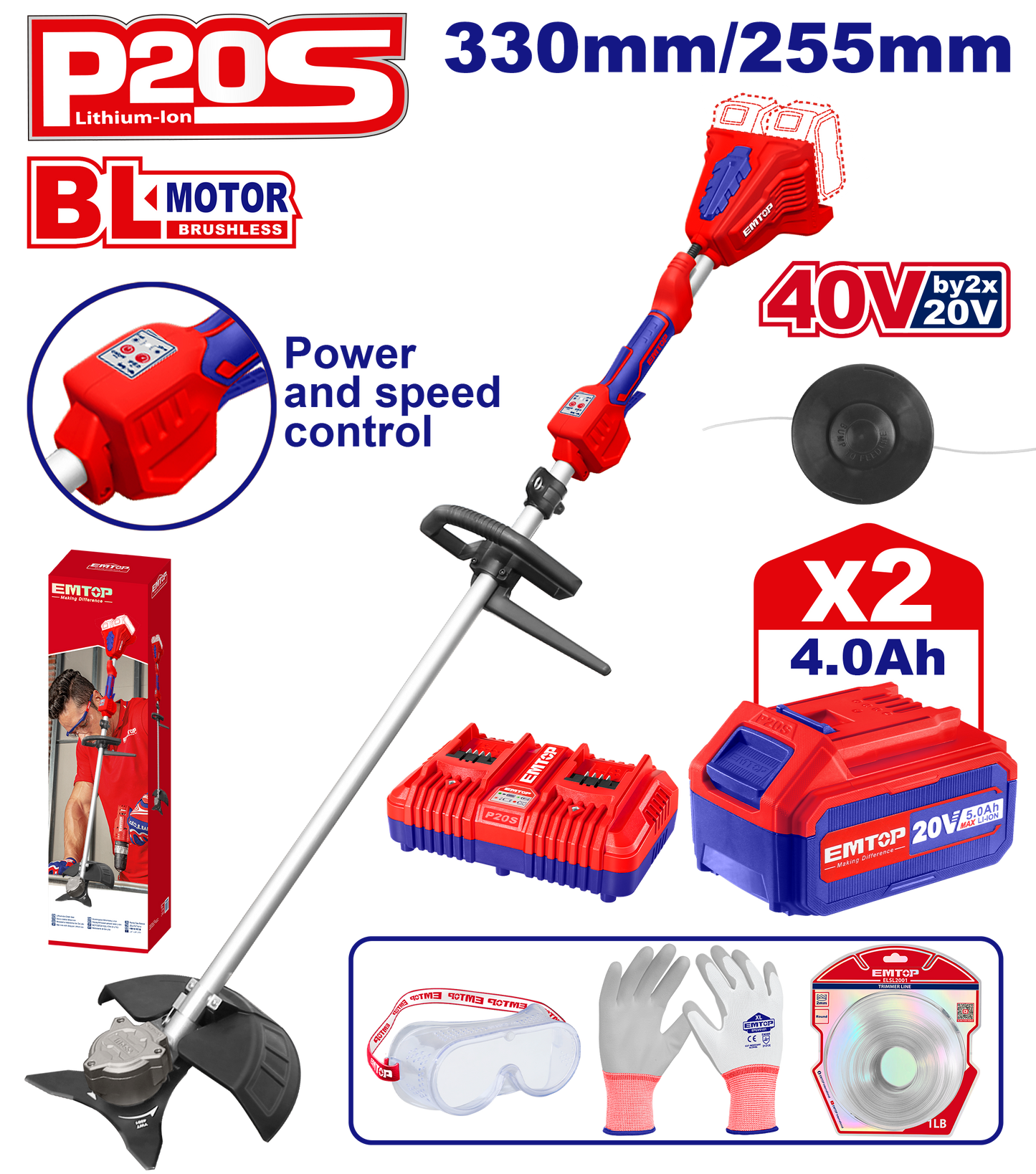 Coupe-bordure et débroussailleuse à batterie EMTOP 40V brushless avec 1 chargeur double port + 2 batteries lithium-ion 4.0Ah Gant picots PVC Lunettes de sécurité 1 lame 3T 1 Ligne de Bobine 1 bandoulière