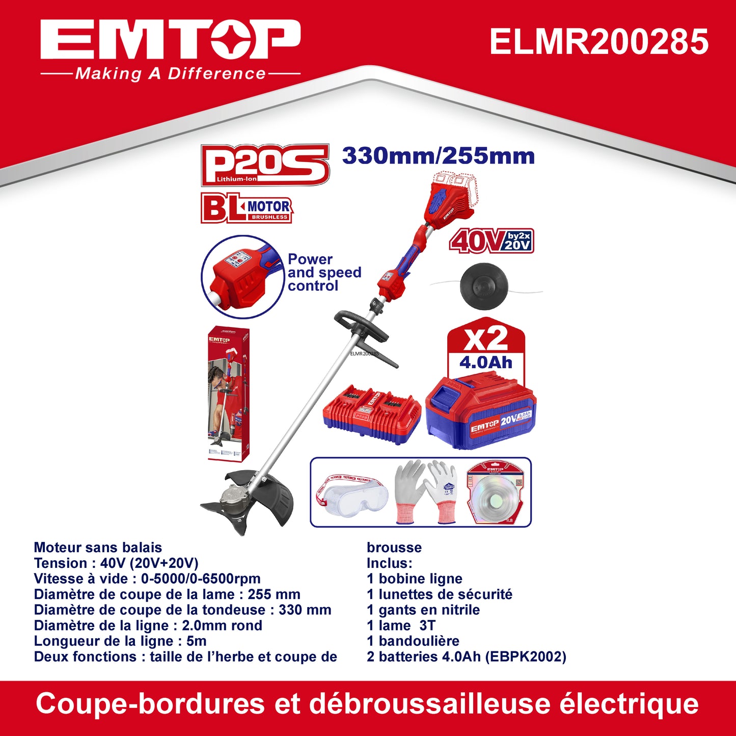 Coupe-bordure et débroussailleuse à batterie EMTOP 40V brushless avec 1 chargeur double port + 2 batteries lithium-ion 4.0Ah Gant picots PVC Lunettes de sécurité 1 lame 3T 1 Ligne de Bobine 1 bandoulière