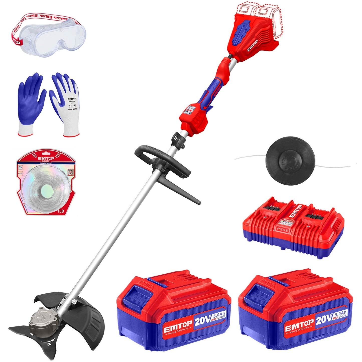 Coupe-bordure et débroussailleuse à batterie EMTOP 40V brushless avec 1 chargeur double port + 2 batteries lithium-ion 4.0Ah Gant picots PVC Lunettes de sécurité 1 lame 3T 1 Ligne de Bobine 1 bandoulière