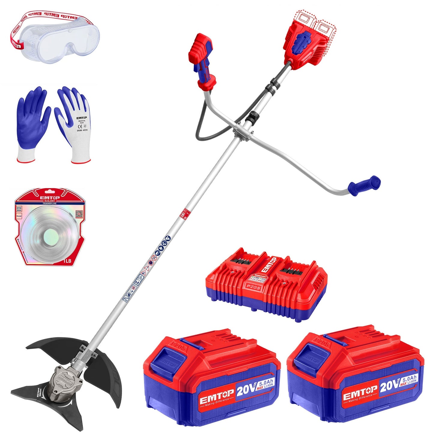 Coupe-bordure et débroussailleuse à batterie EMTOP 40V brushless avec 1 chargeur double port + 2 batteries lithium-ion 4.0Ah Gant picots PVC Lunettes de sécurité 1 lame 3T 1 Ligne de Bobine 1 bandoulière