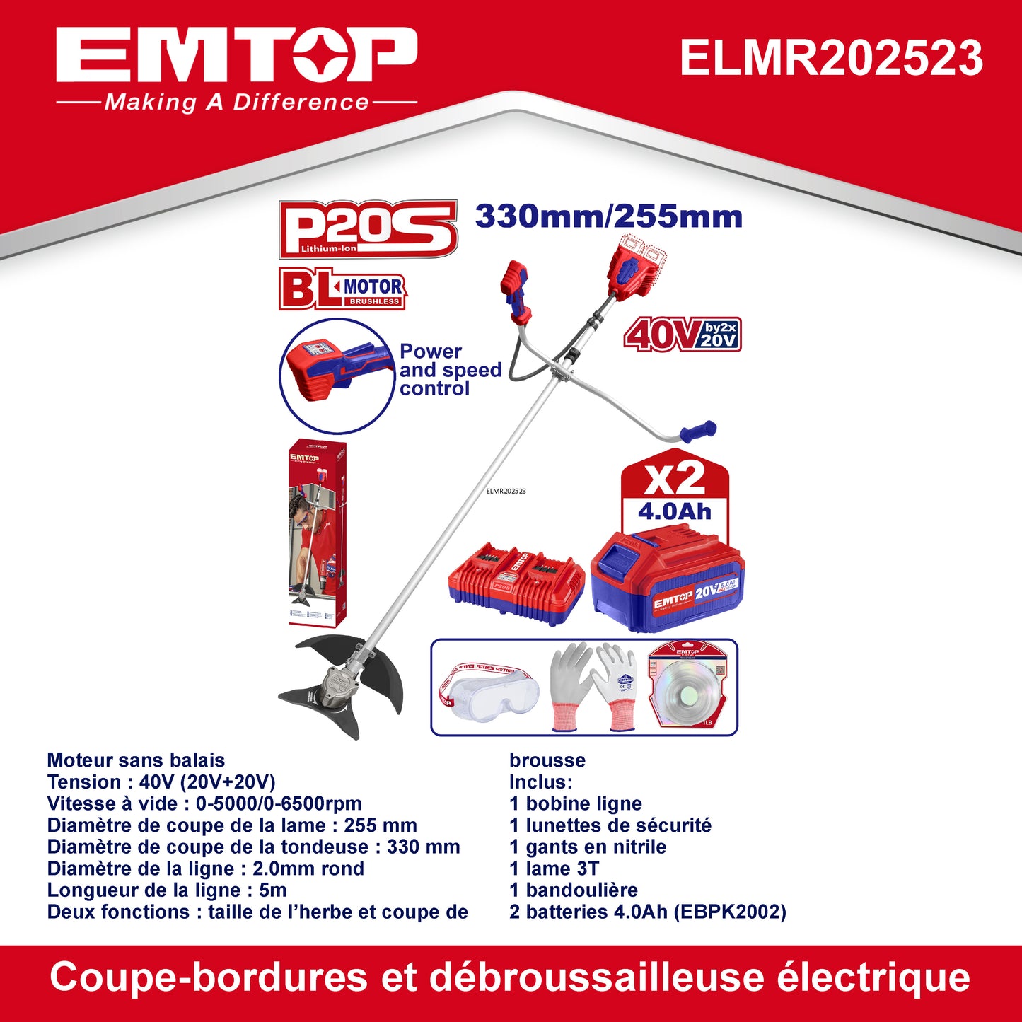 Coupe-bordure et débroussailleuse à batterie EMTOP 40V brushless avec 1 chargeur double port + 2 batteries lithium-ion 4.0Ah Gant picots PVC Lunettes de sécurité 1 lame 3T 1 Ligne de Bobine 1 bandoulière