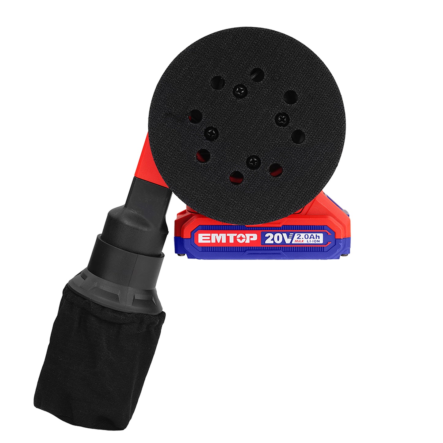 Ponceuse excentrique sans fil EMTOP 20V batterie et chargeur vendus séparément avec 5 abrasifs
