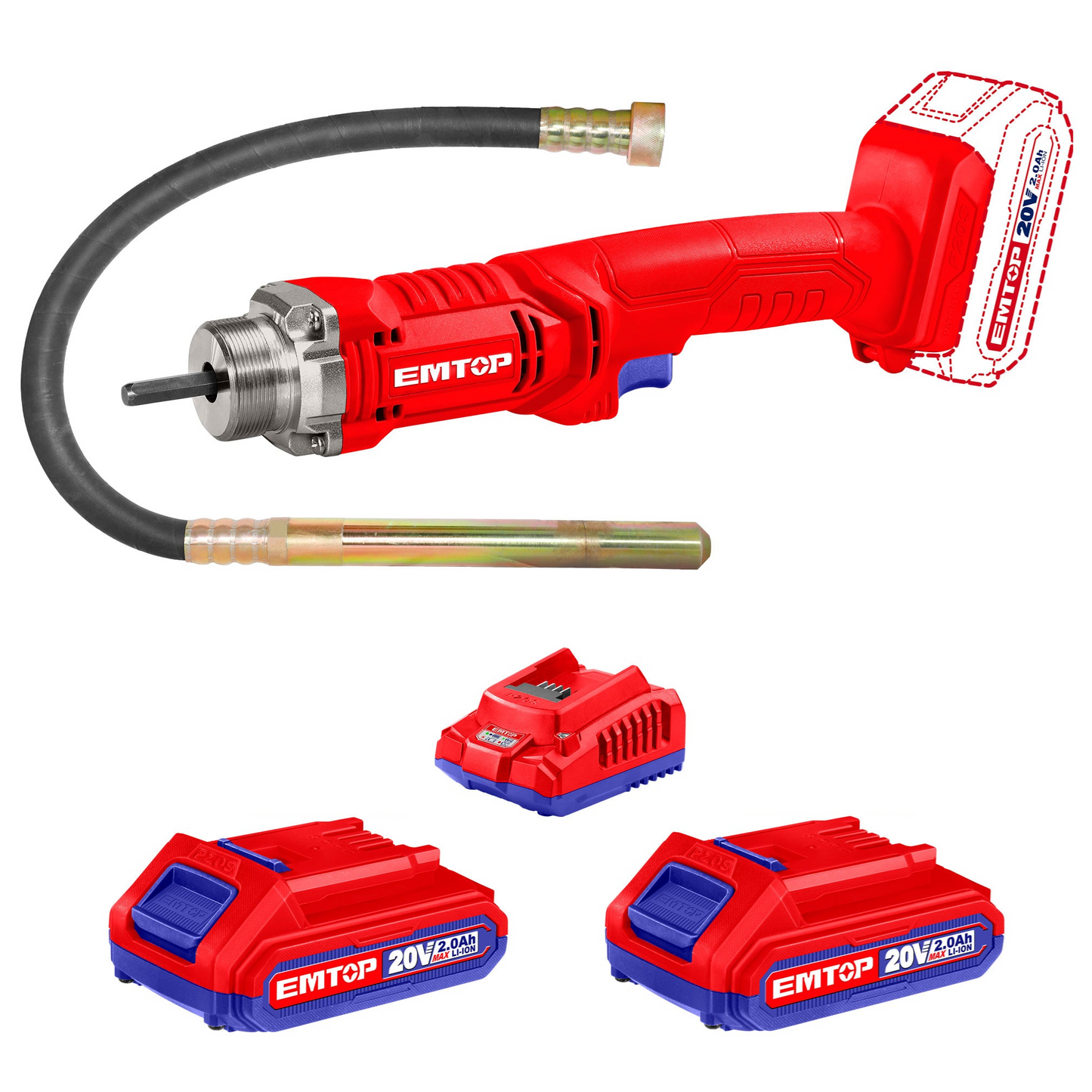 Vibrateur à béton sans fil EMTOP 20V avec 1 chargeur + 2 Batteries Lithium-ion 2.0Ah