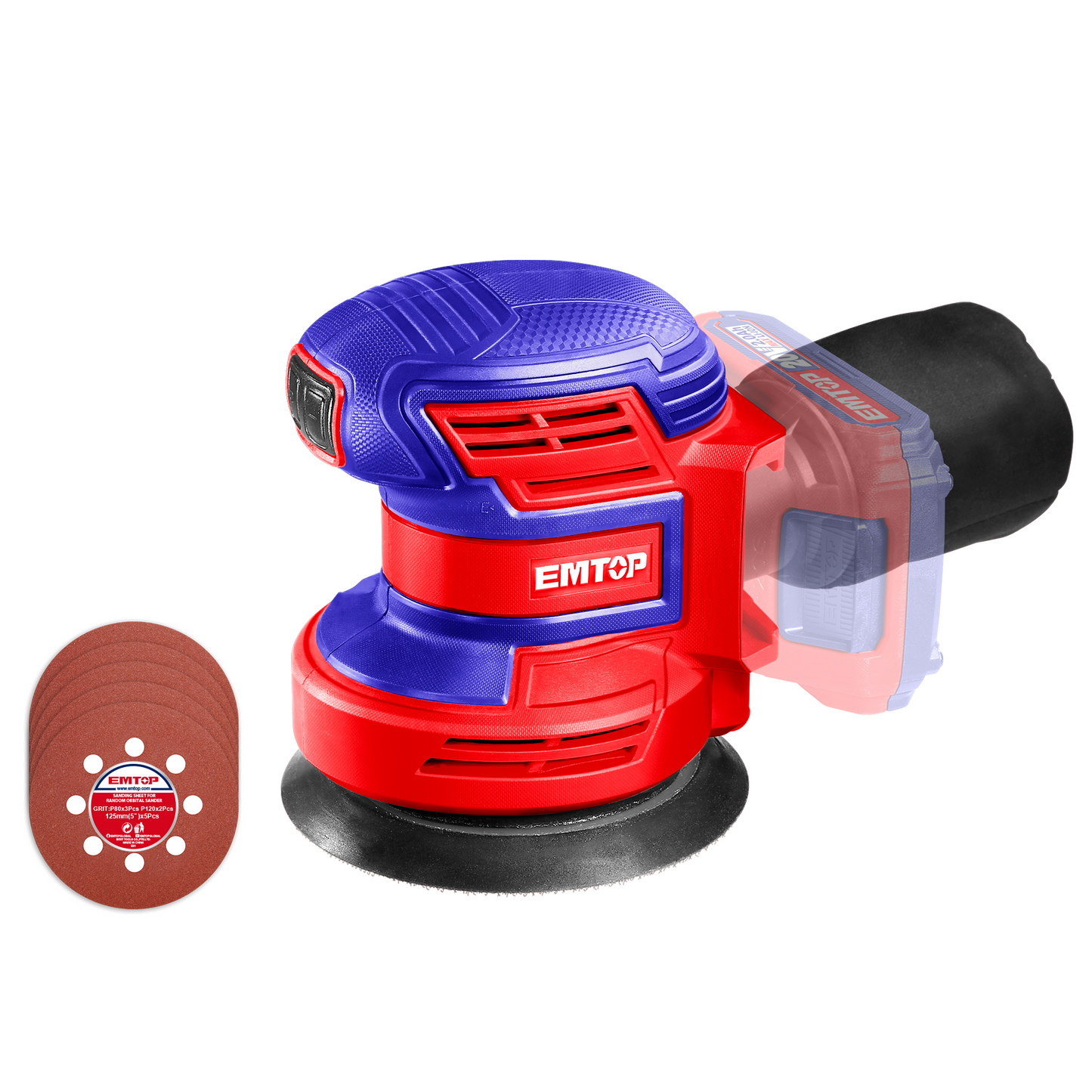Ponceuse excentrique sans fil EMTOP 20V batterie et chargeur vendus séparément avec 5 abrasifs