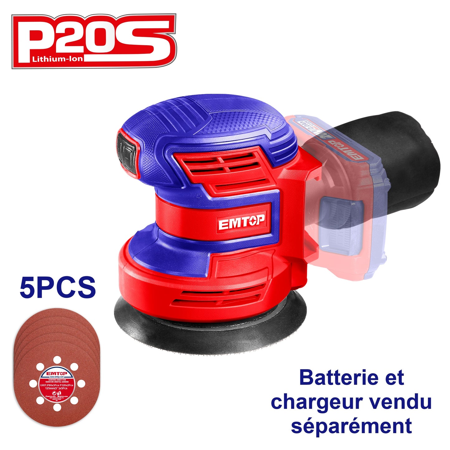 Ponceuse excentrique sans fil EMTOP 20V batterie et chargeur vendus séparément avec 5 abrasifs
