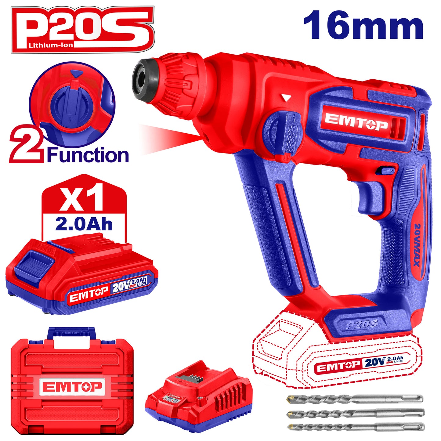 Marteau perforateur sans fil EMTOP 20V Lithium-ion avec 1 chargeur + 1 Batteries 2.0Ah Lithium-ion avec 3 perceuses Rotatif 16 mm 1.5J SDS-Plus